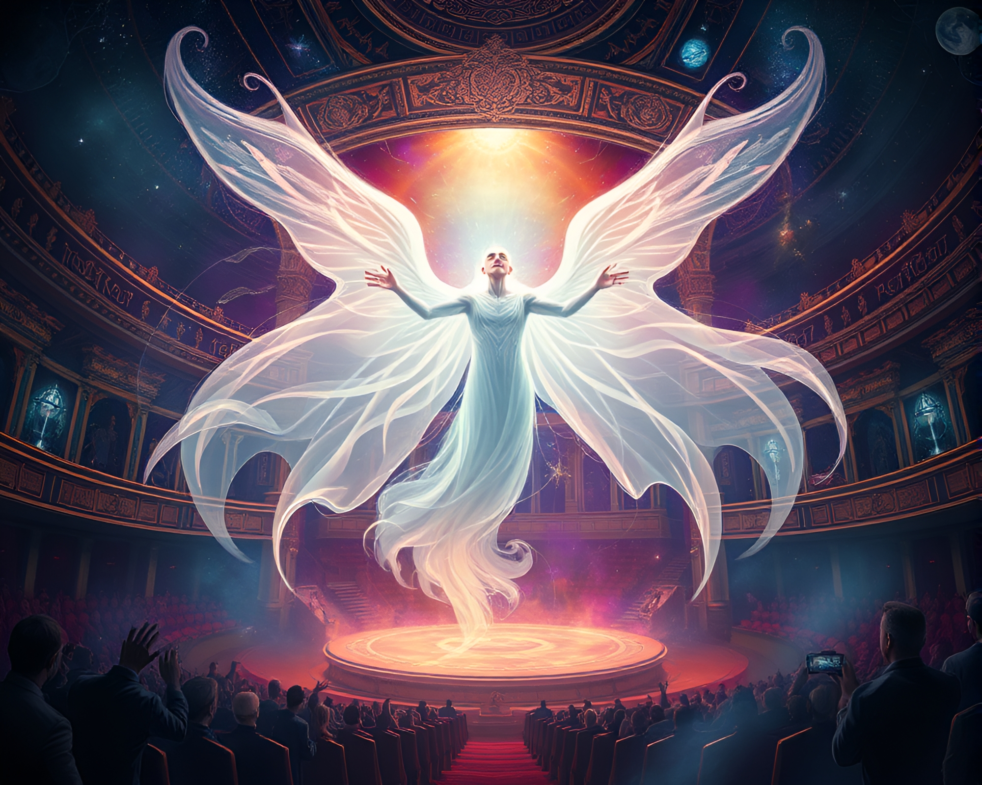 Ethereal Phantom’s Performance in Cosmic Opera House – free AI stock image