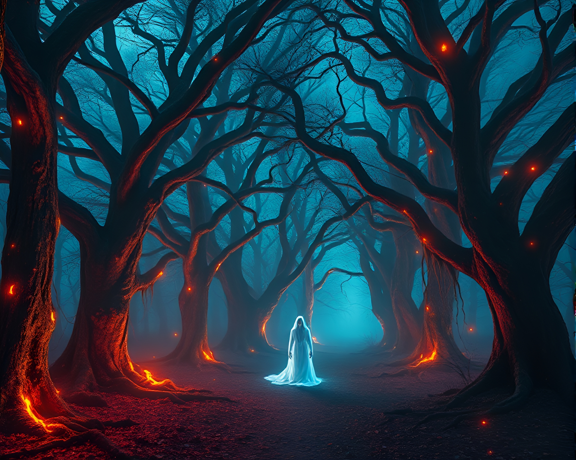 Ghostly figure in spectral forest surrounded by glowing oak trees – free AI stock image