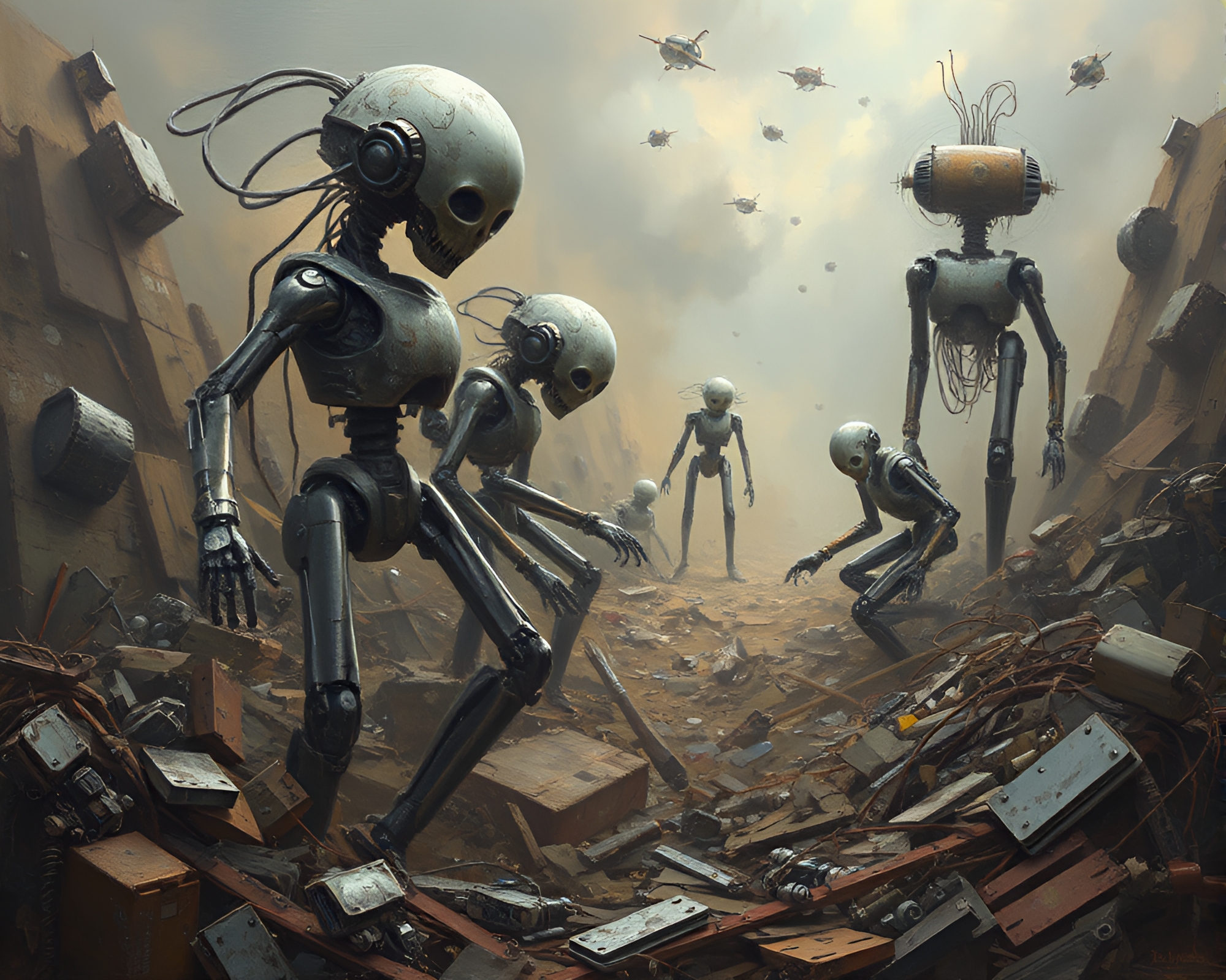Futuristic Junkyard Illuminated by Surreal Oil Painting Glow – free AI stock image