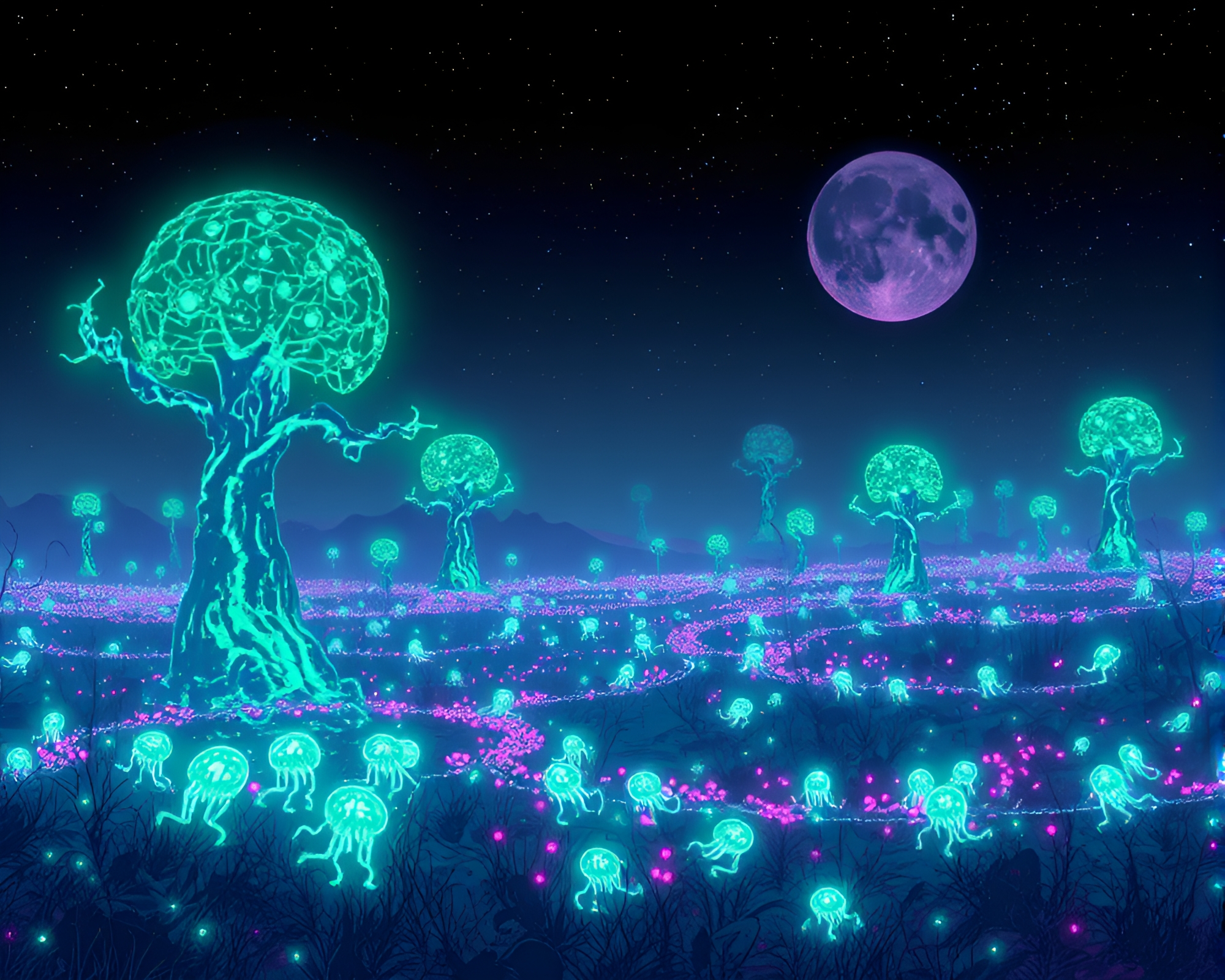 Spectral Battlefield: Mesmerizing Bioluminescent 8-bit Glitch Art – free AI stock image