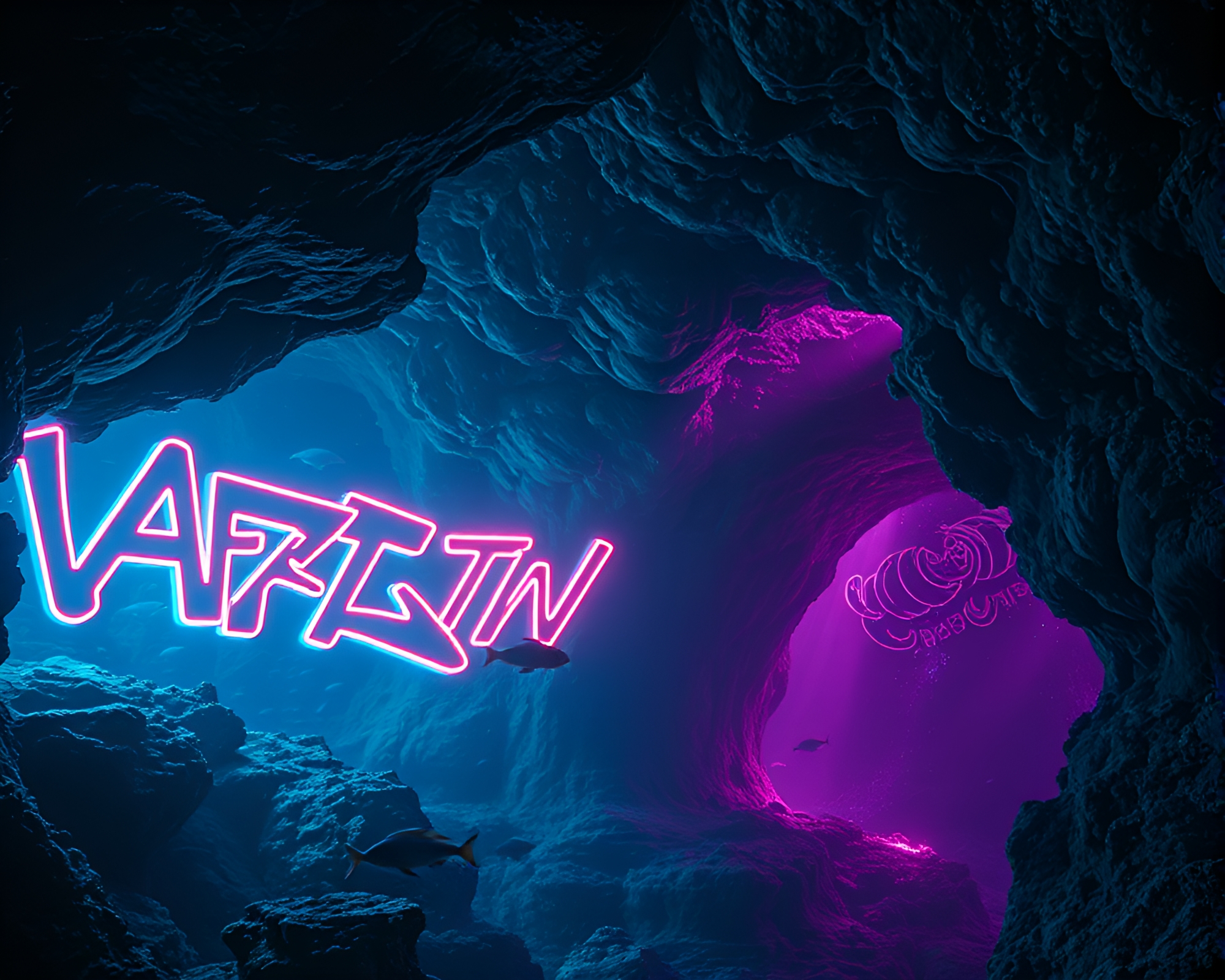 Neon Graffiti Illuminates Underwater Cave in Cosmic Ocean – free AI stock image