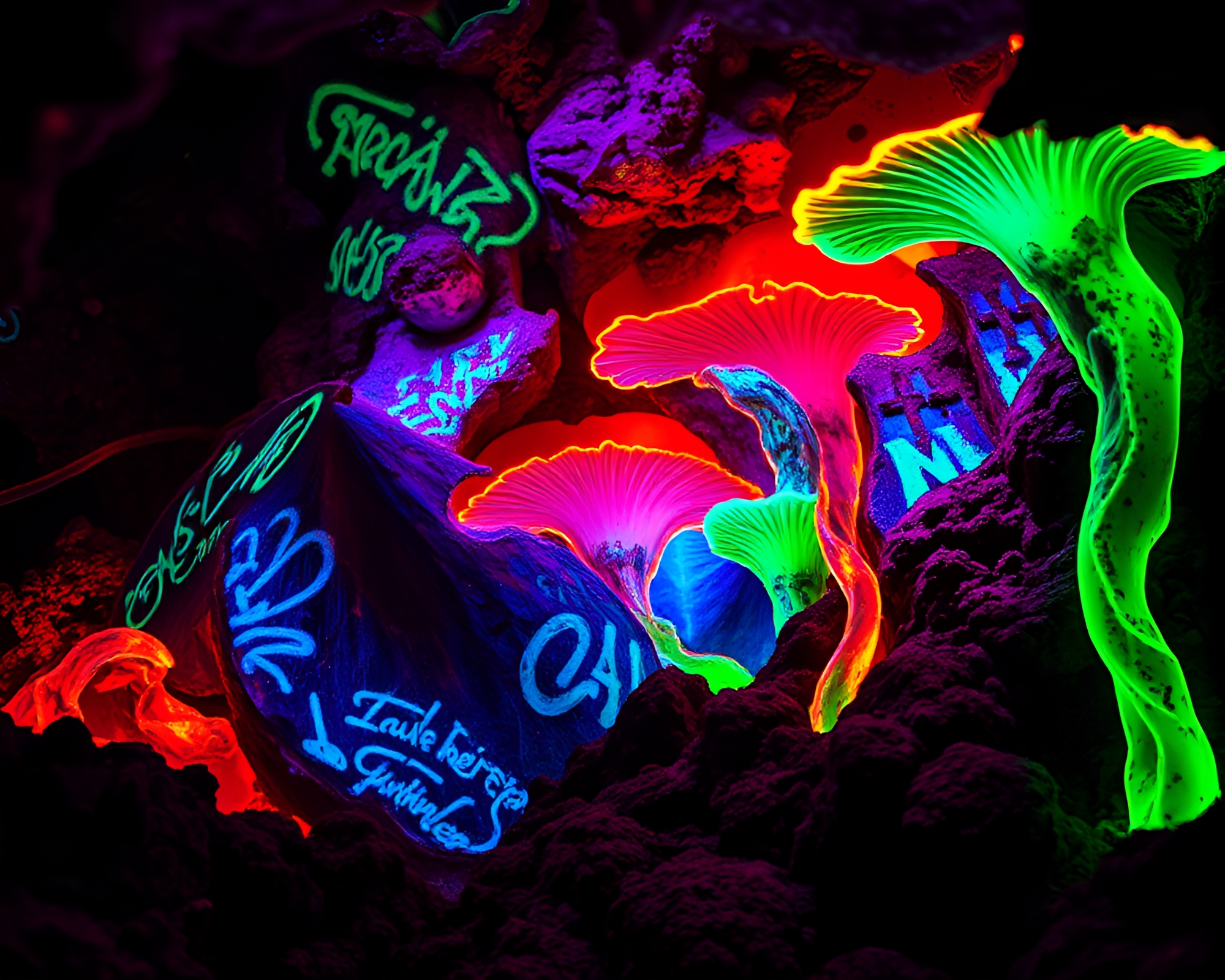 Luminous Fungus Cavern Illuminated by Neon Graffiti – free AI stock image