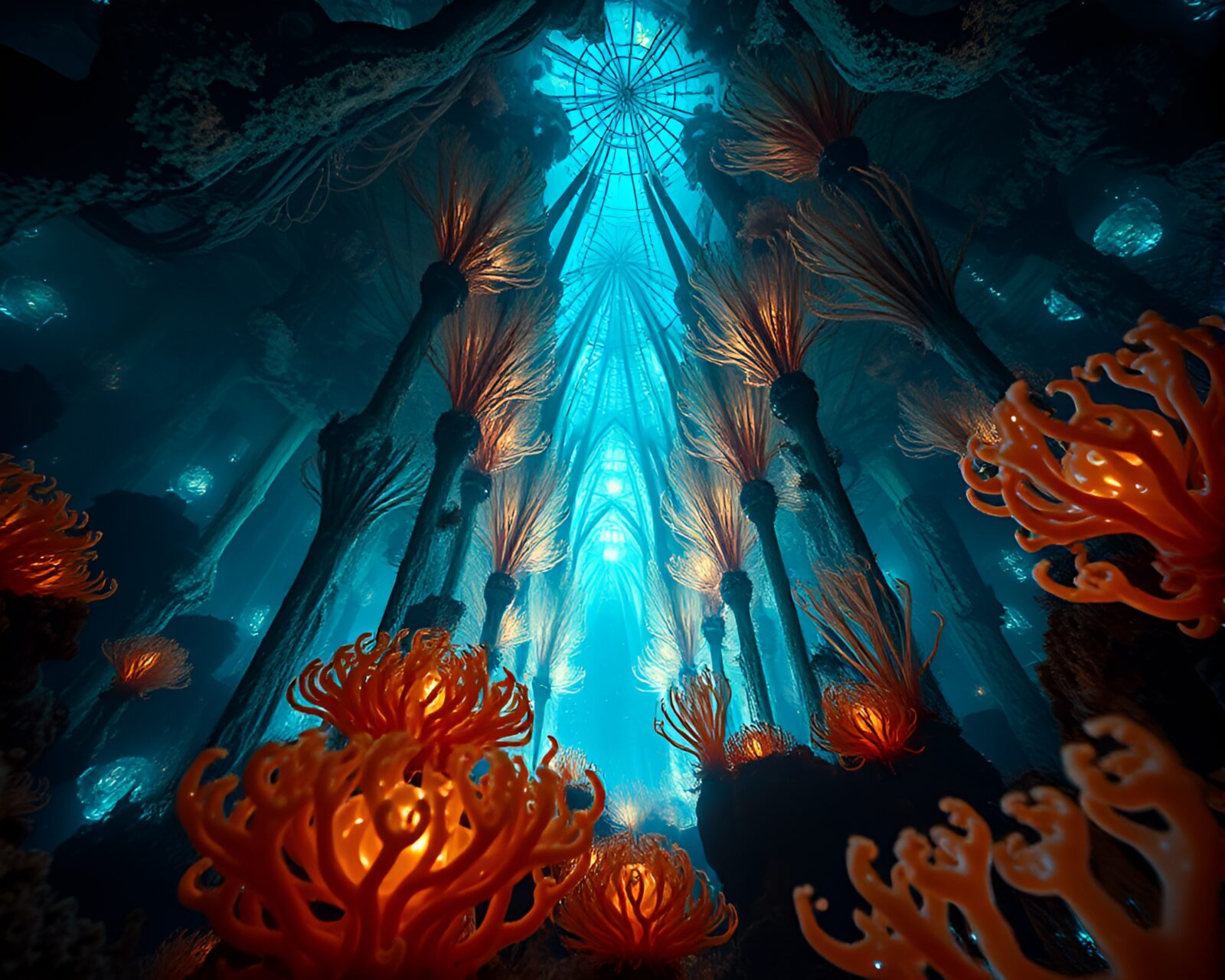 Magnificent underwater cathedral glowing with bioluminescent creatures up close