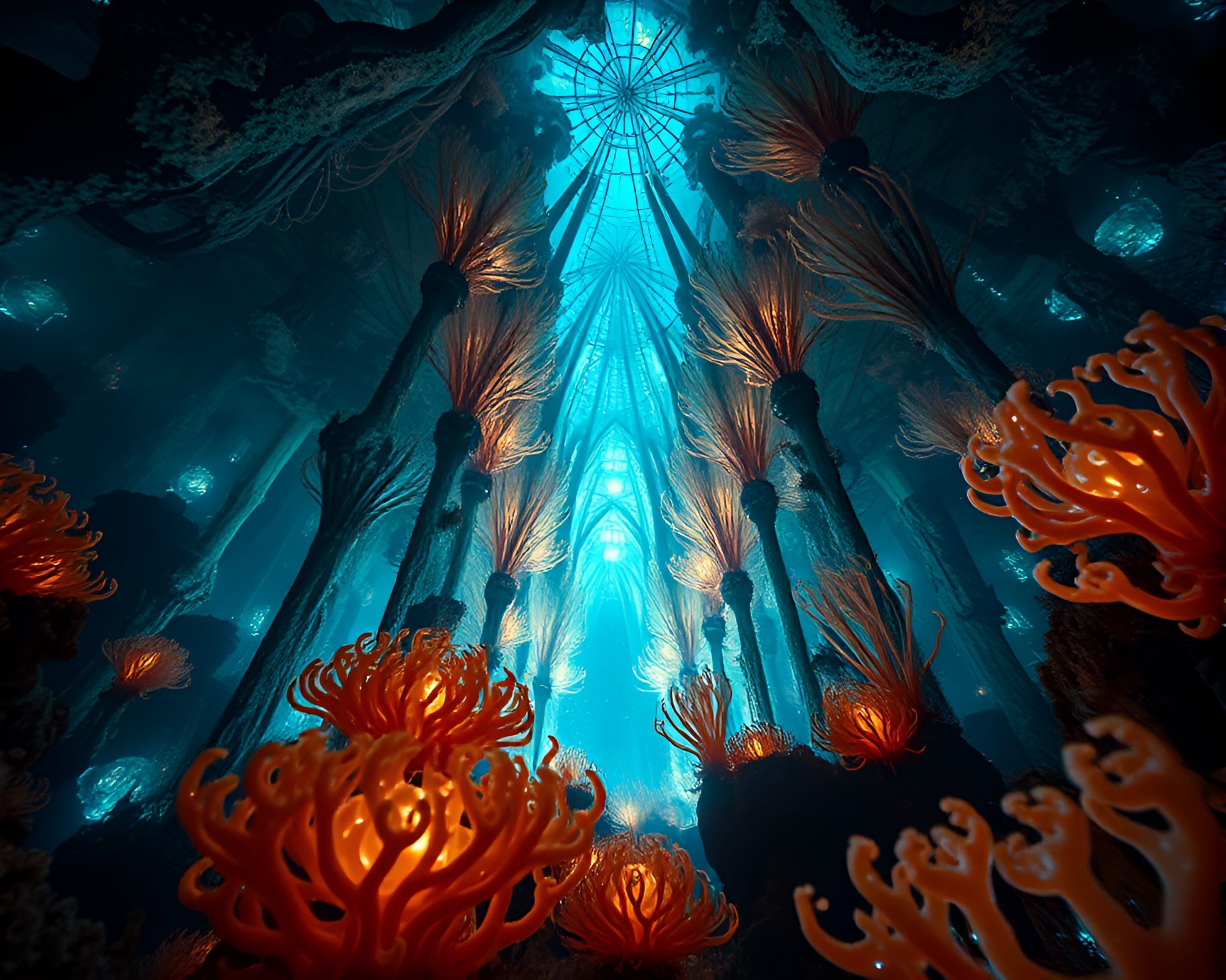 Enchanting Bioluminescent Underwater Cathedral Captured in Macro Photography – free AI stock image