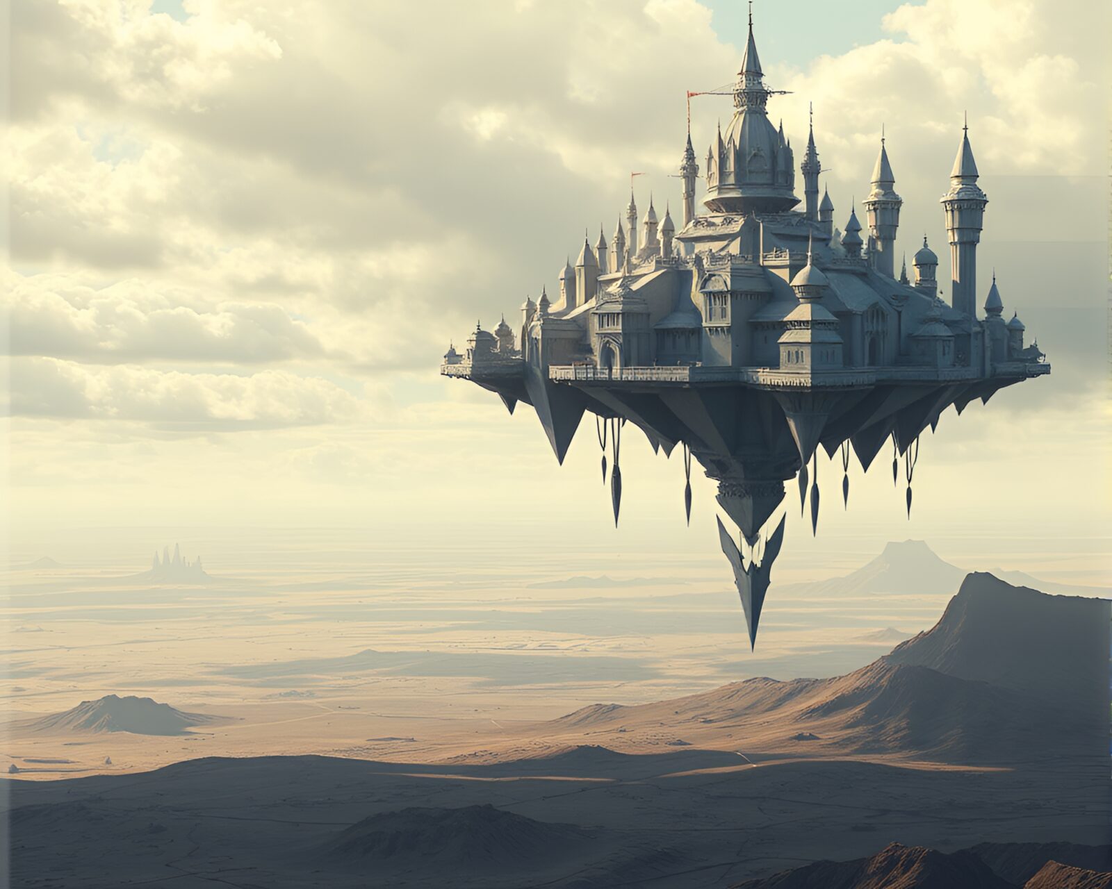 Eerie floating origami city with intricate pixel art details