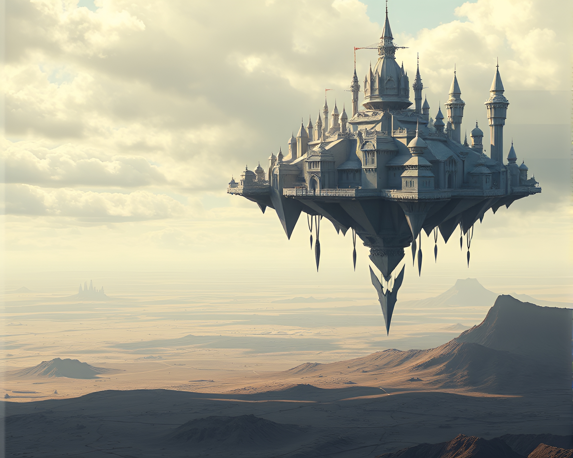 Origami City Suspended in Sky Over Desolate Landscape – free AI stock image