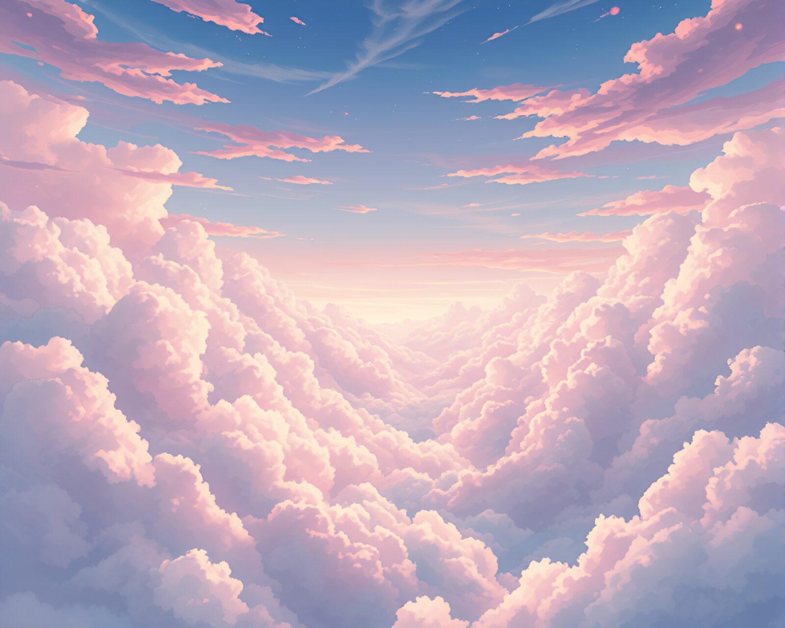Dreamlike anime scene with soft pastel colors in clouds