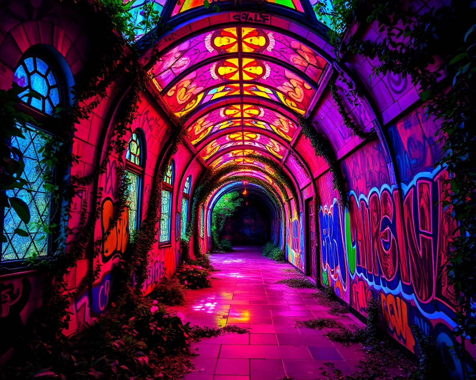 Vibrant neon graffiti tunnel with lush greenery and stained glass windows