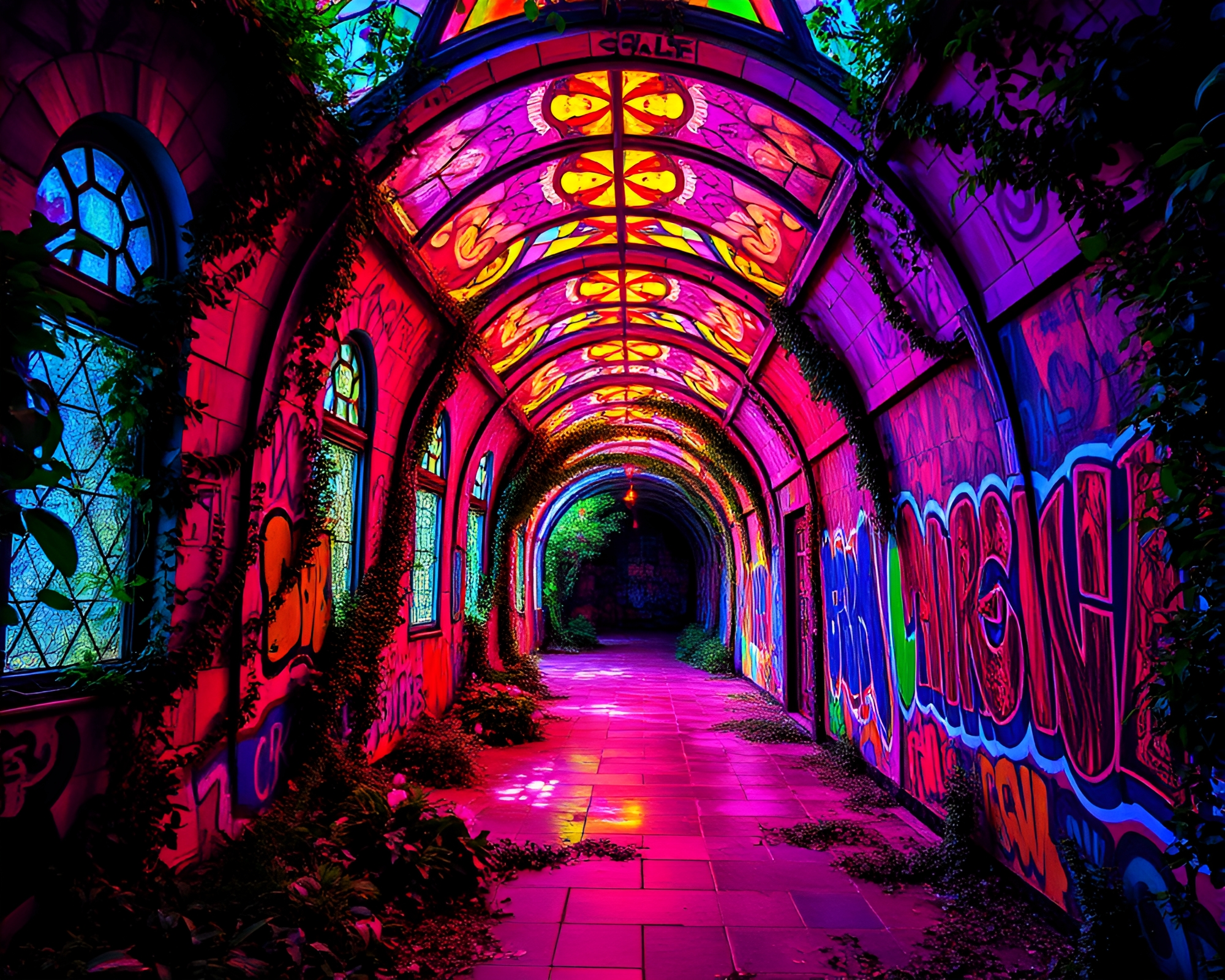 Neon Graffiti Tunnel with Stained Glass Windows and Greenery – free AI stock image