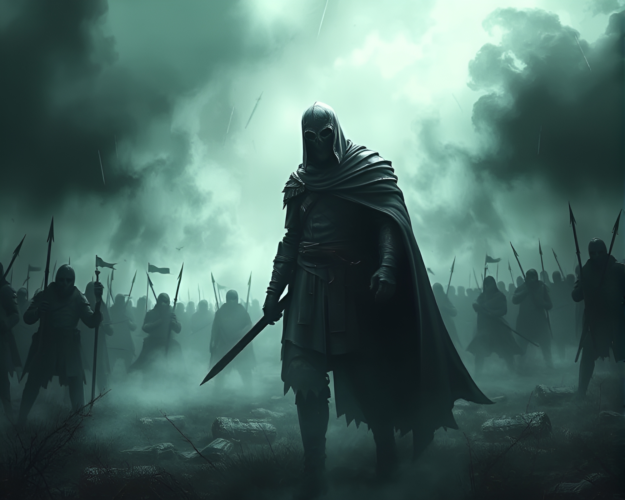 Ethereal Warrior Haunting Spectral Battlefield in Eerie Portrait – free AI stock image