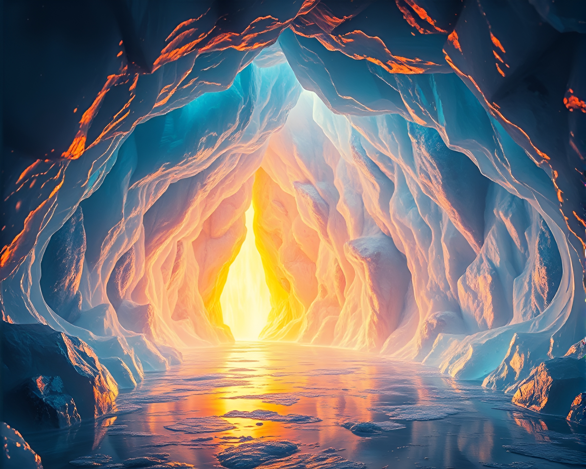 Enchanting Ice Prism Cavern Illuminated by Ancient Light – free AI stock image