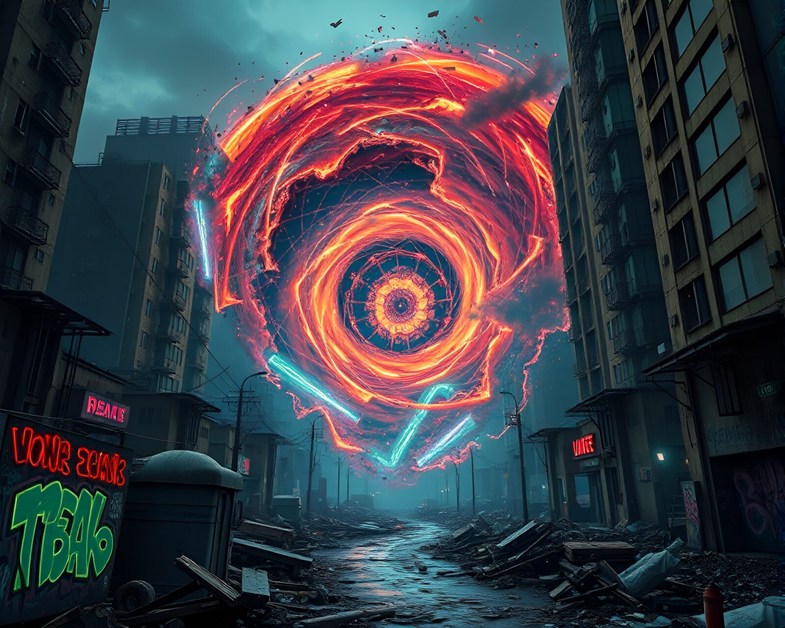 Chaotic energy of quantum vortex in neon graffiti city