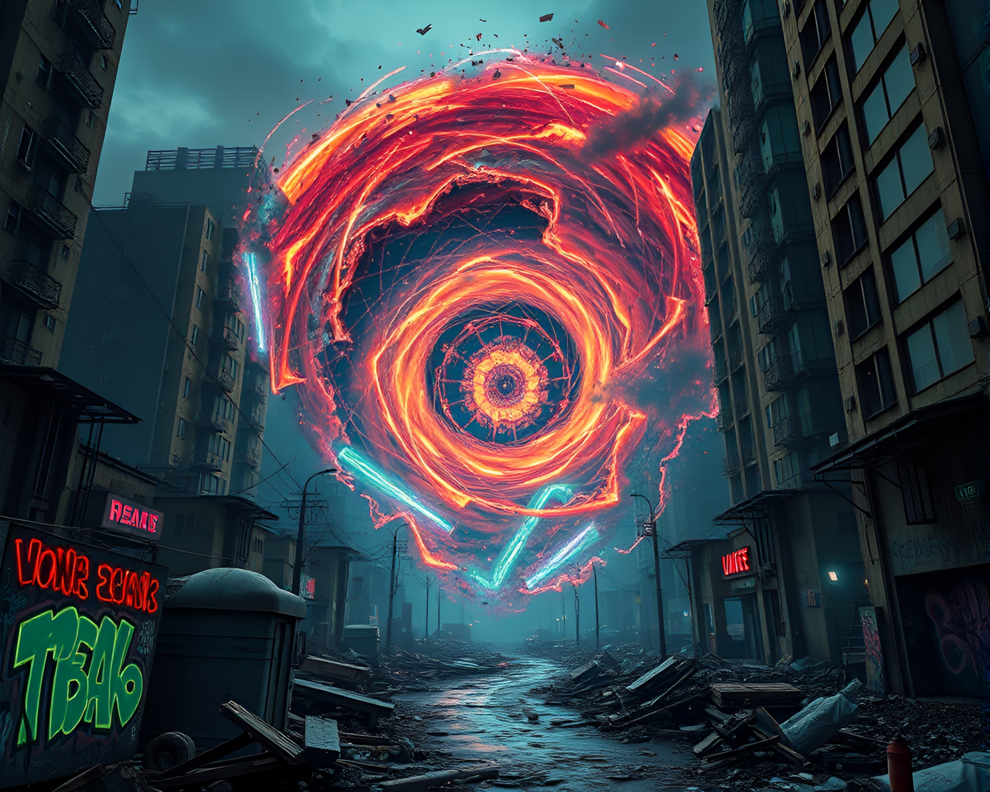 Mesmerizing Quantum Vortex in Dystopian Cityscape – free AI stock image