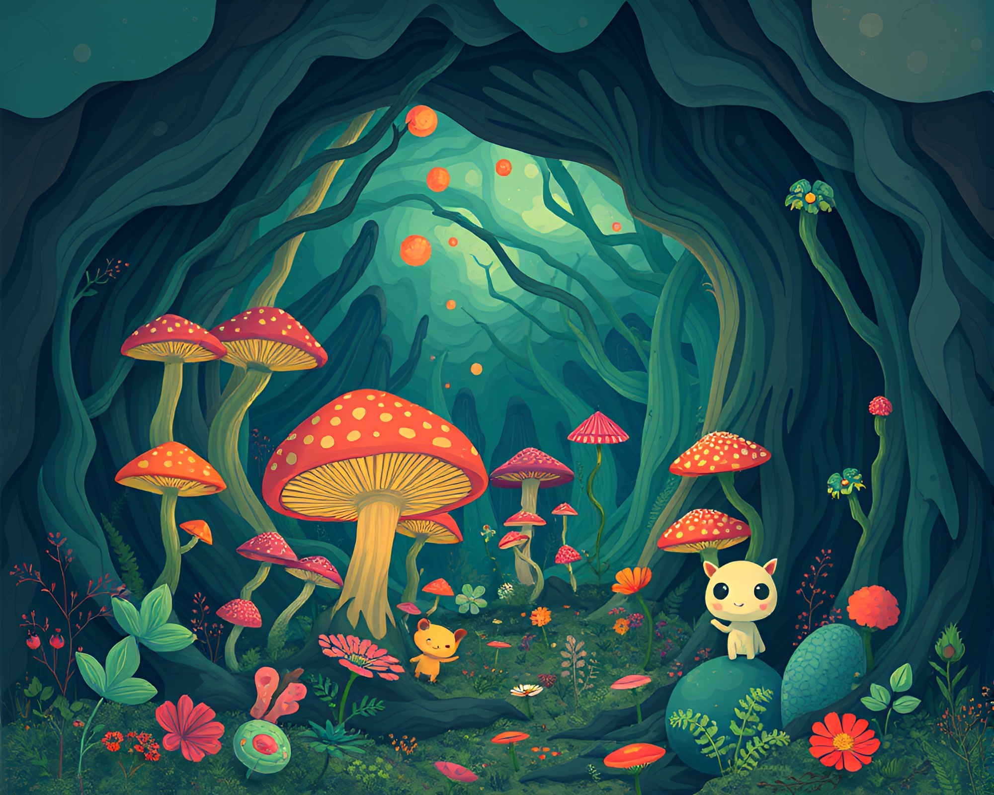 Vibrant Subterranean Fungus Forest in Modern Art Style – free AI stock image