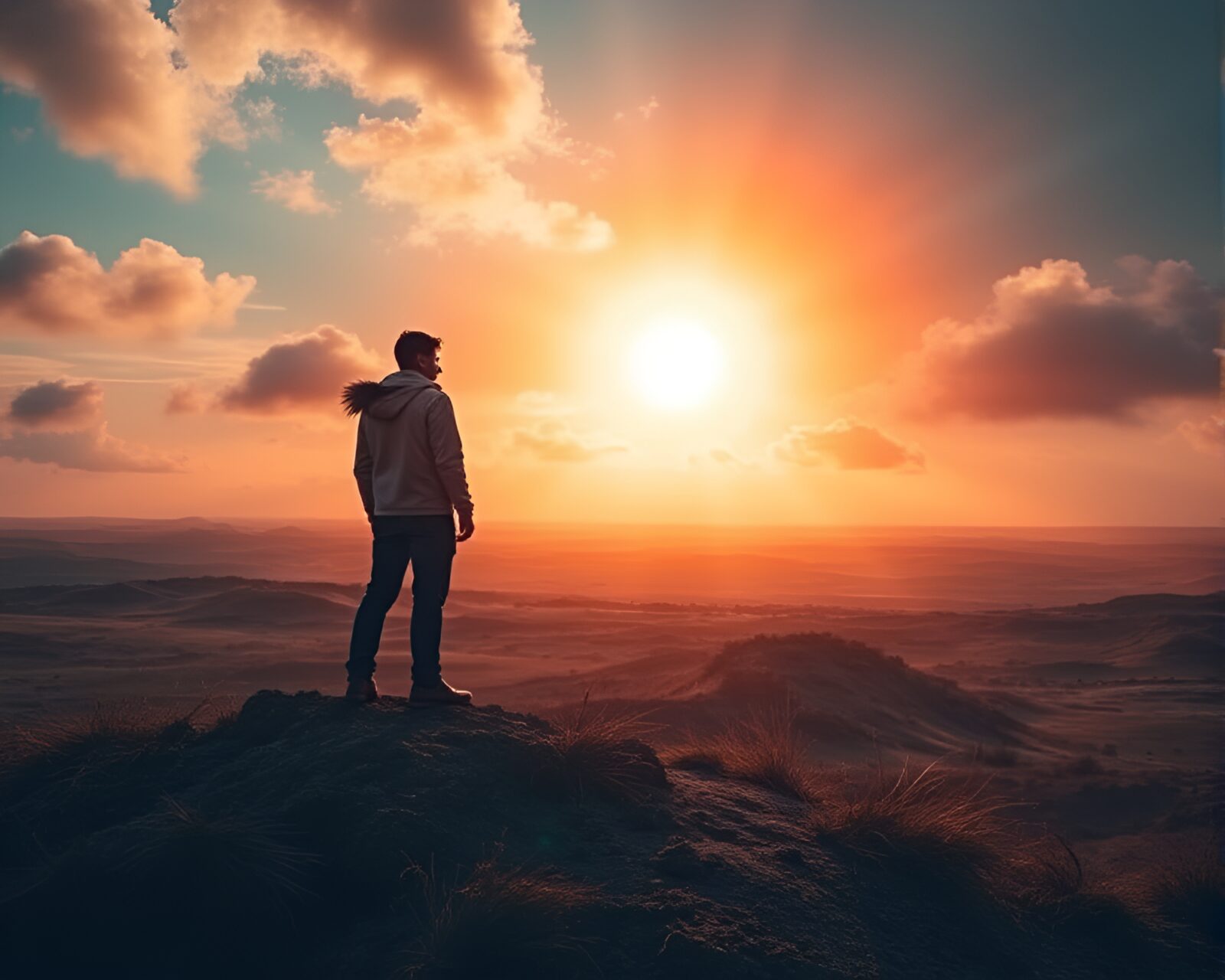 Person standing stoically on windswept horizon with solar flare