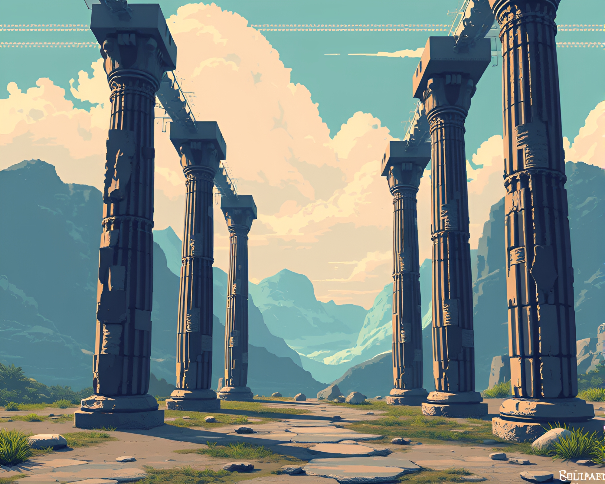 8-Bit Glitch Art: Surreal Monolithic Pillars Suspension – free AI stock image