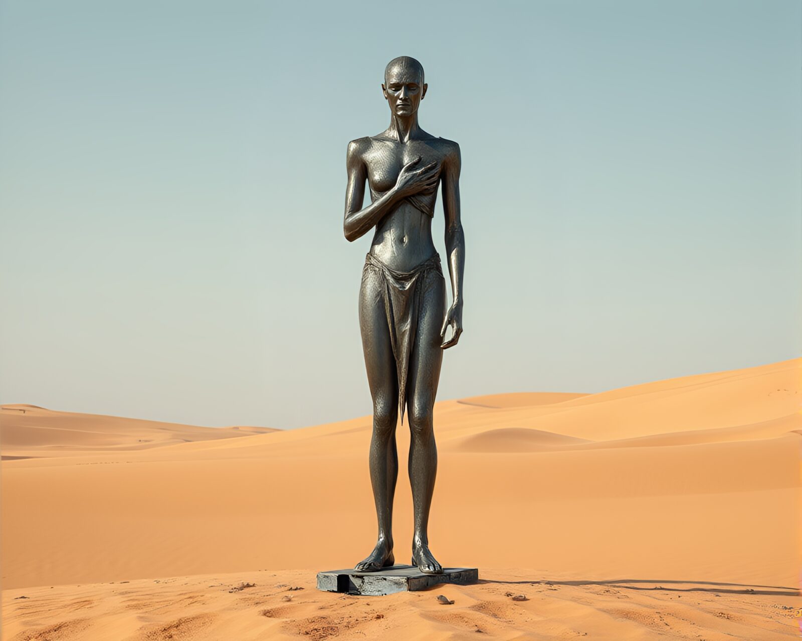 Weathered metallic statue in expansive sandy desert landscape