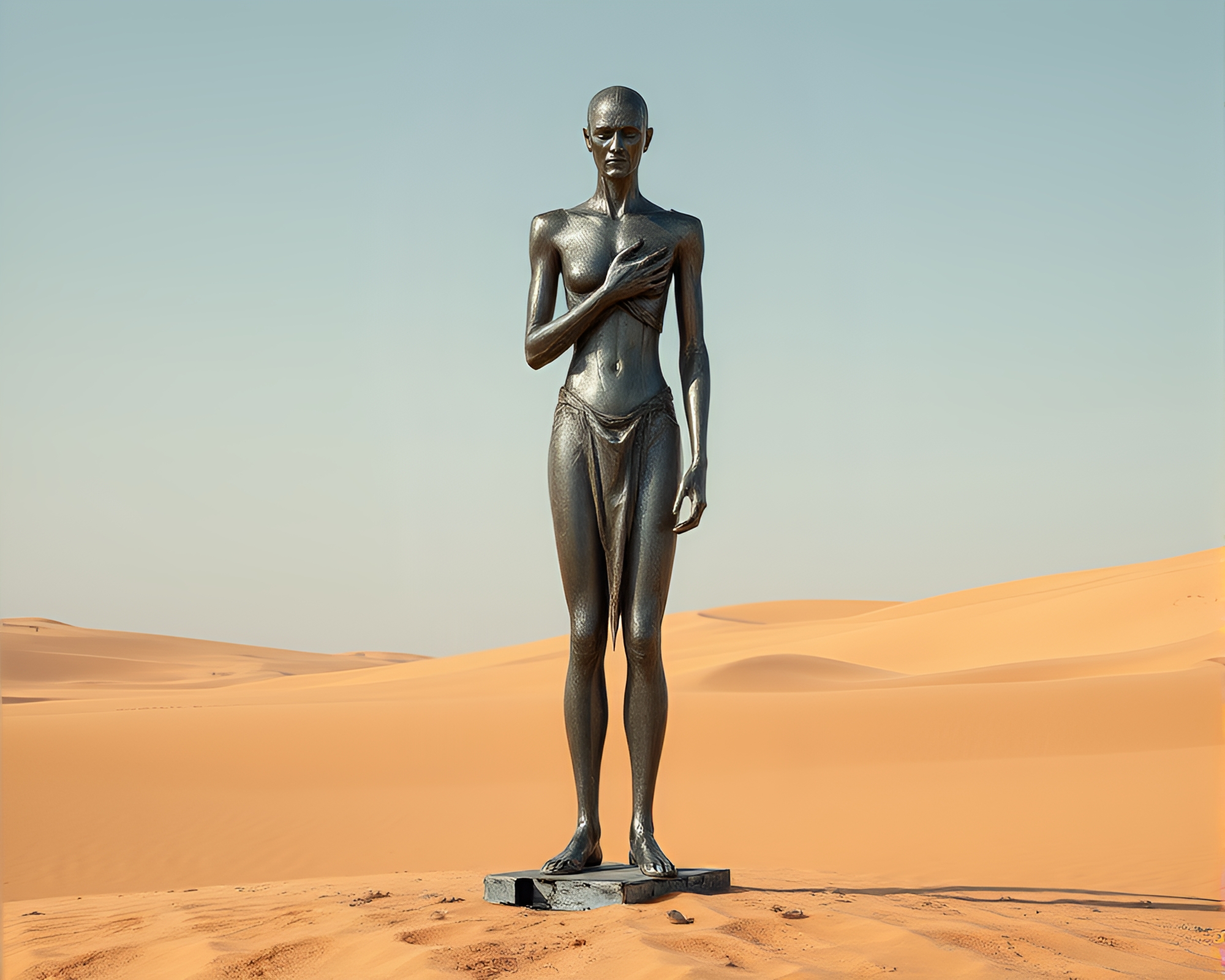 Majestic metallic statue in vast desert landscape – free AI stock image