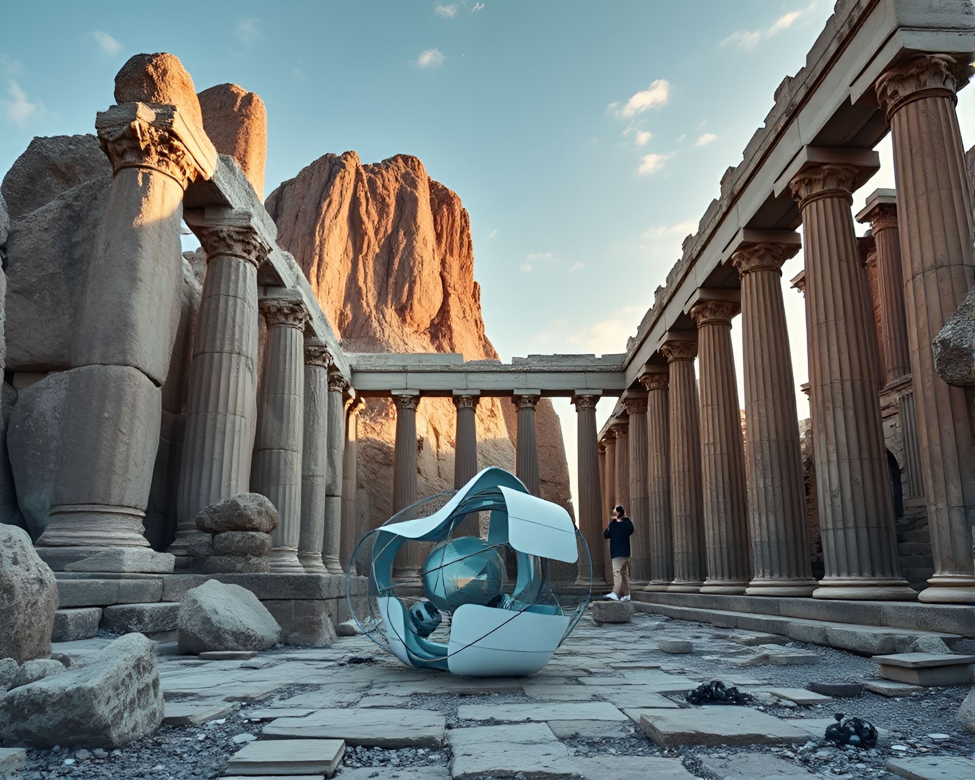 Eerie fusion of ancient ruins and modern art – free AI stock image