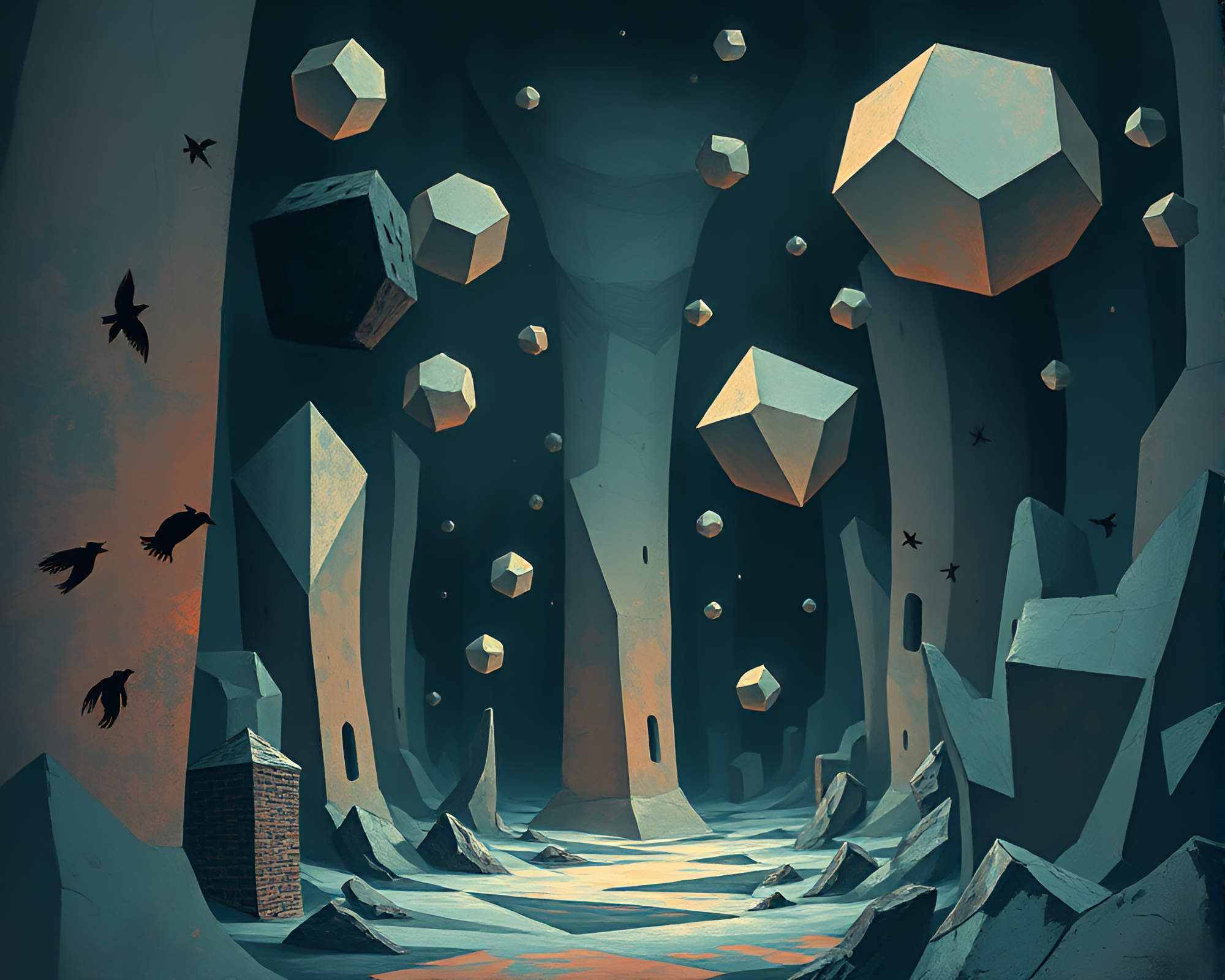 Ethereal geometric dreamscape featuring floating shapes in gouache – free AI stock image