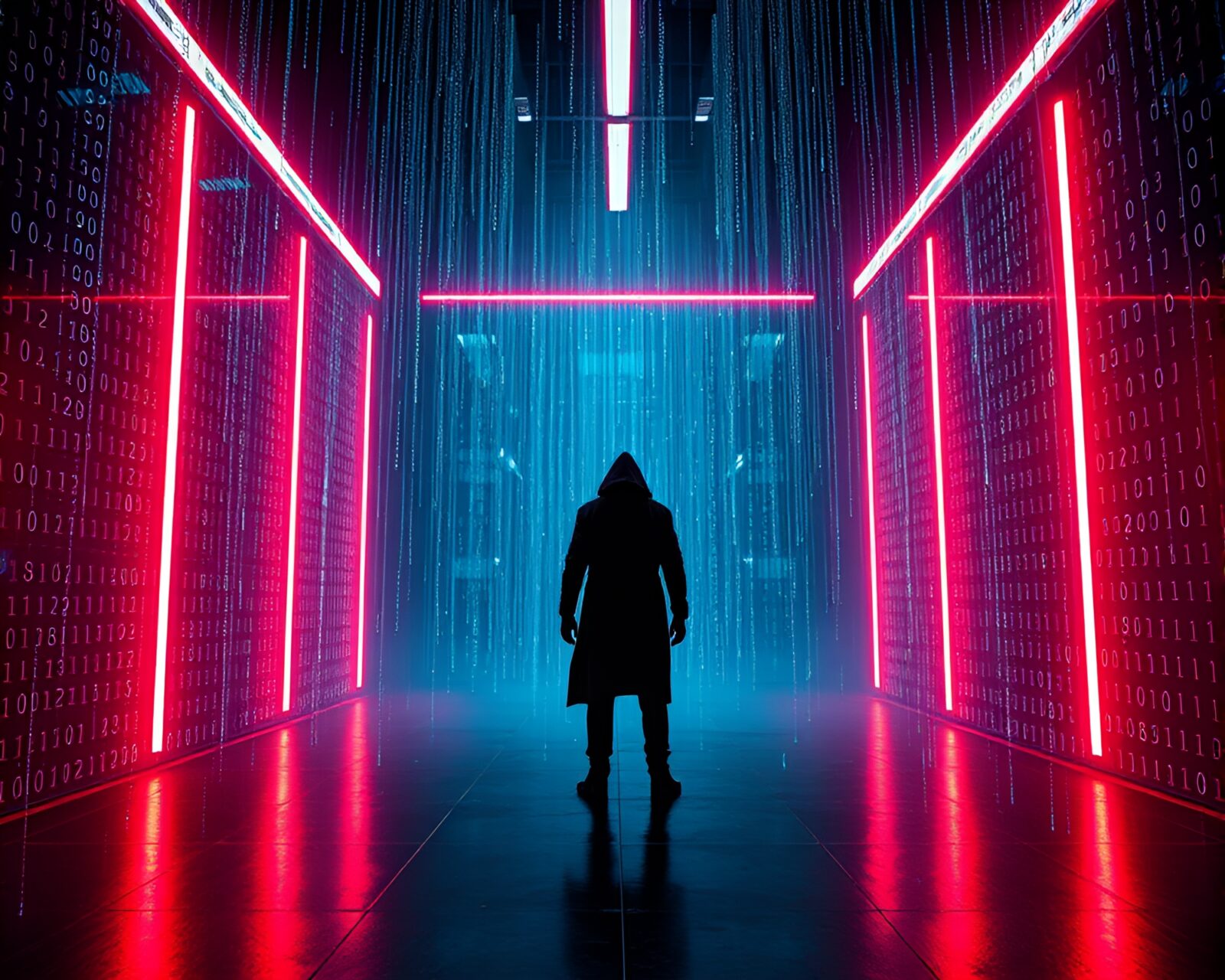 Gloomy person surrounded by neon lights, binary code rain