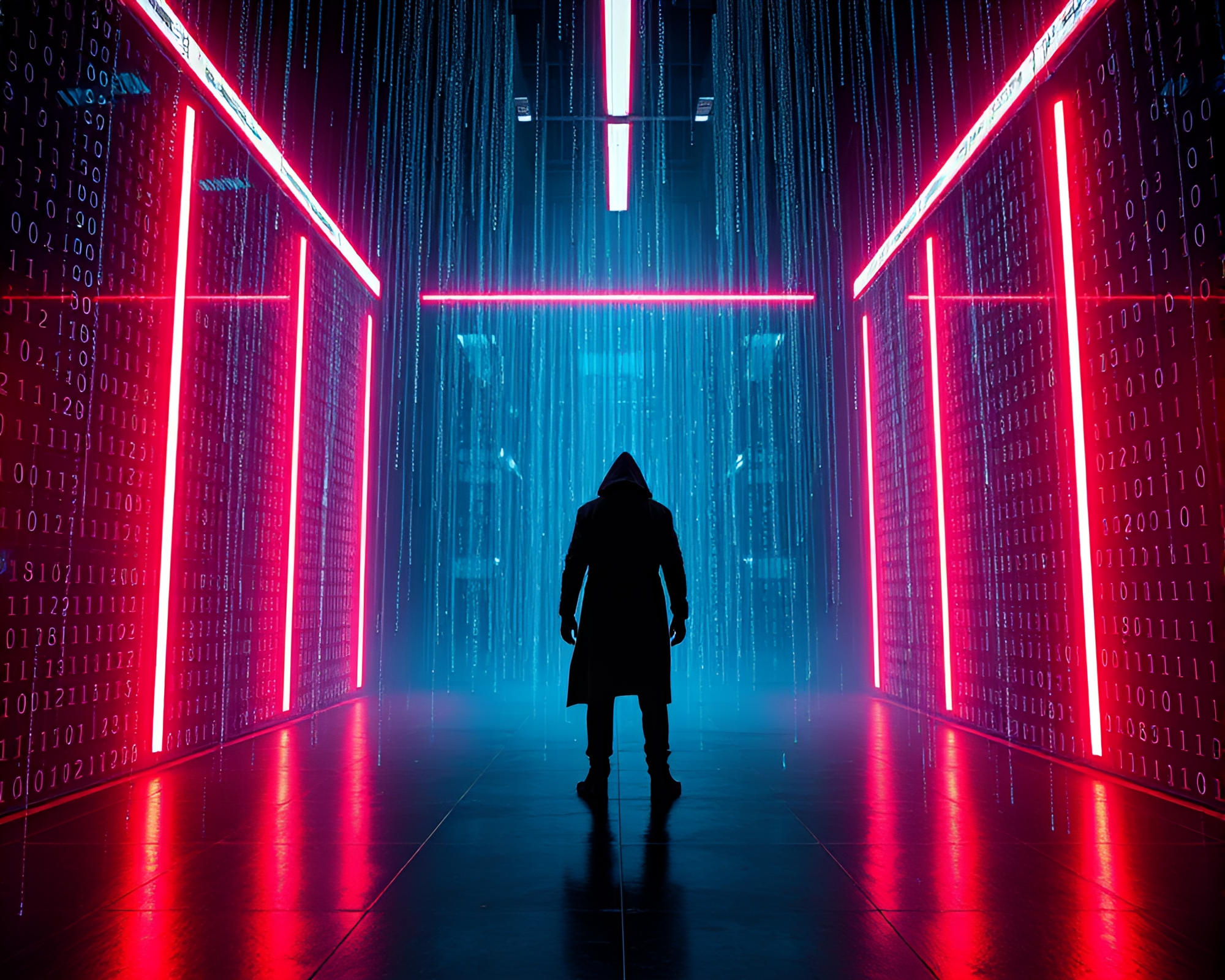 Brooding Figure in Neon-Lit Room with Binary Code Rain – free AI stock image
