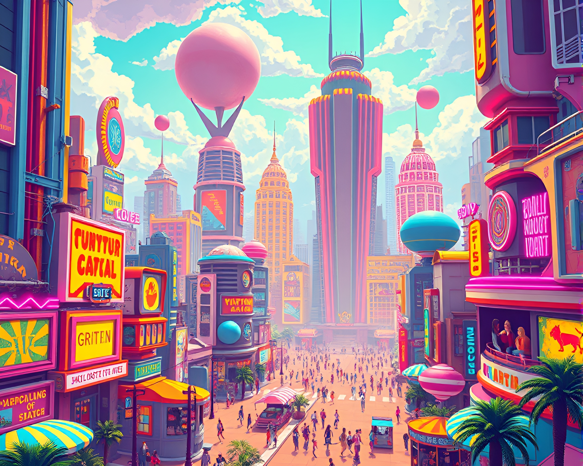 Vibrant Retro-Futuristic Metropolis Alive with Colorful Energy – free AI stock image