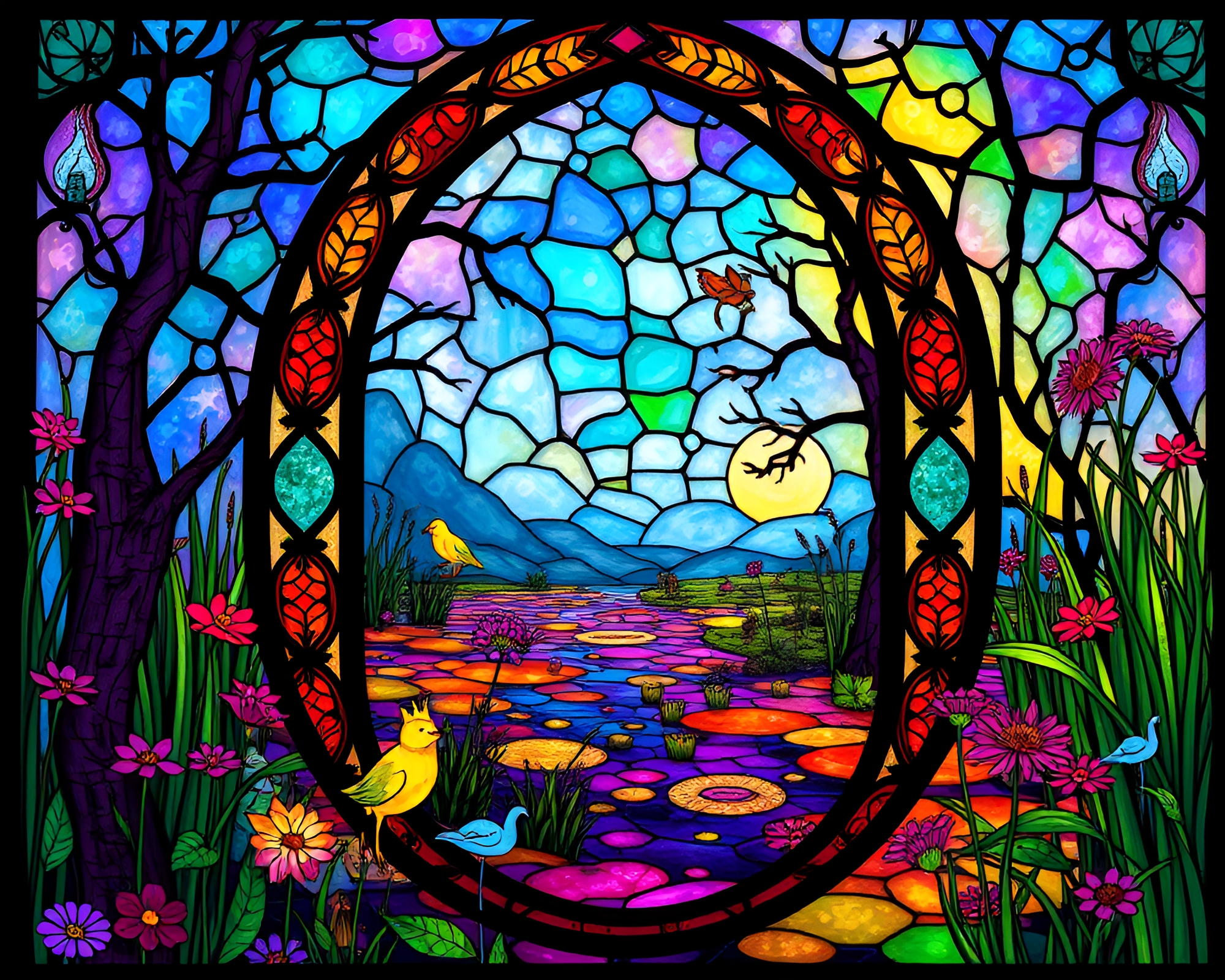 Enchanting Stained Glass Window of Phantasmal Marsh Creatures – free AI stock image