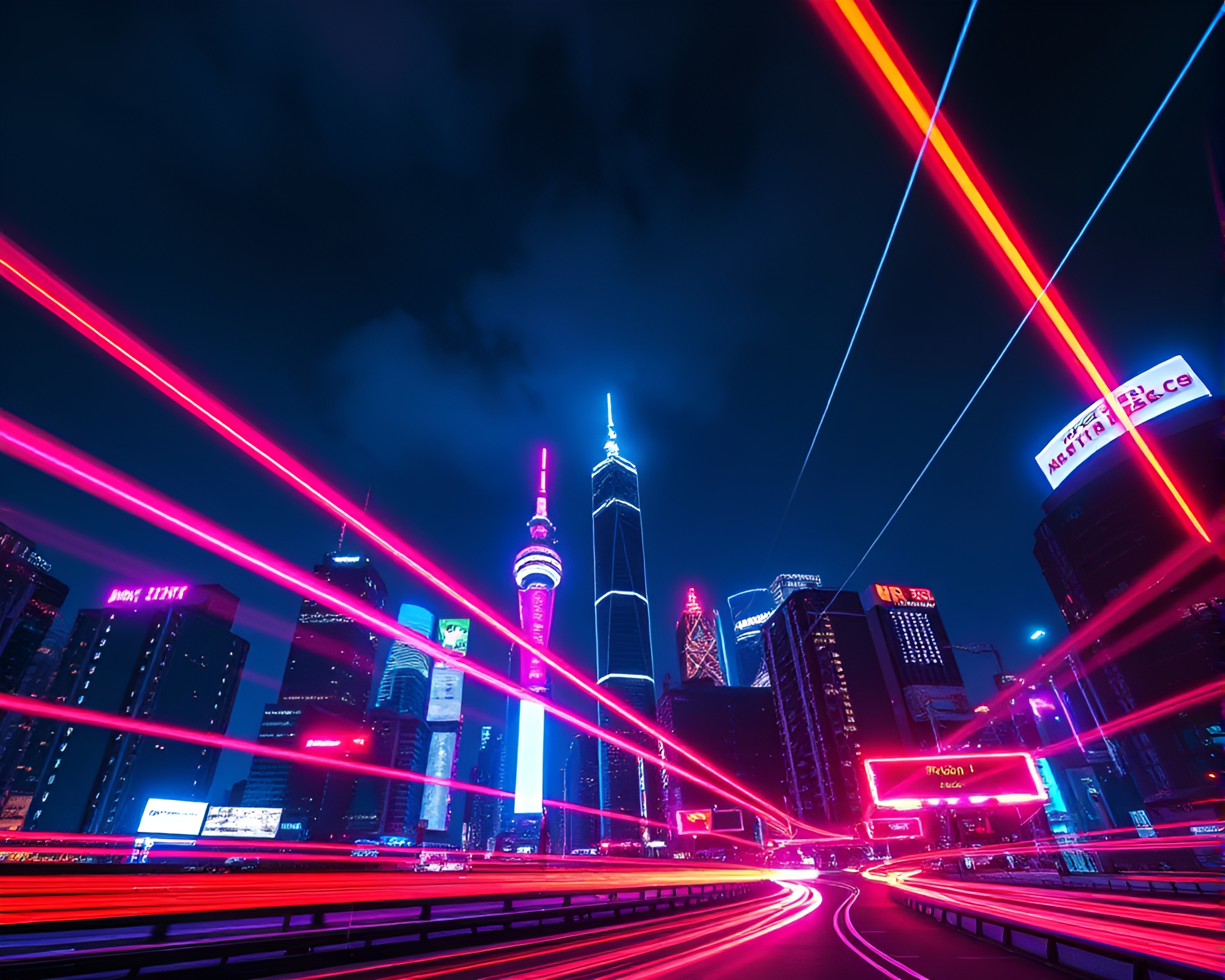 Vibrant Futuristic Cityscape with Neon Lights in Time-Lapse – free AI stock image