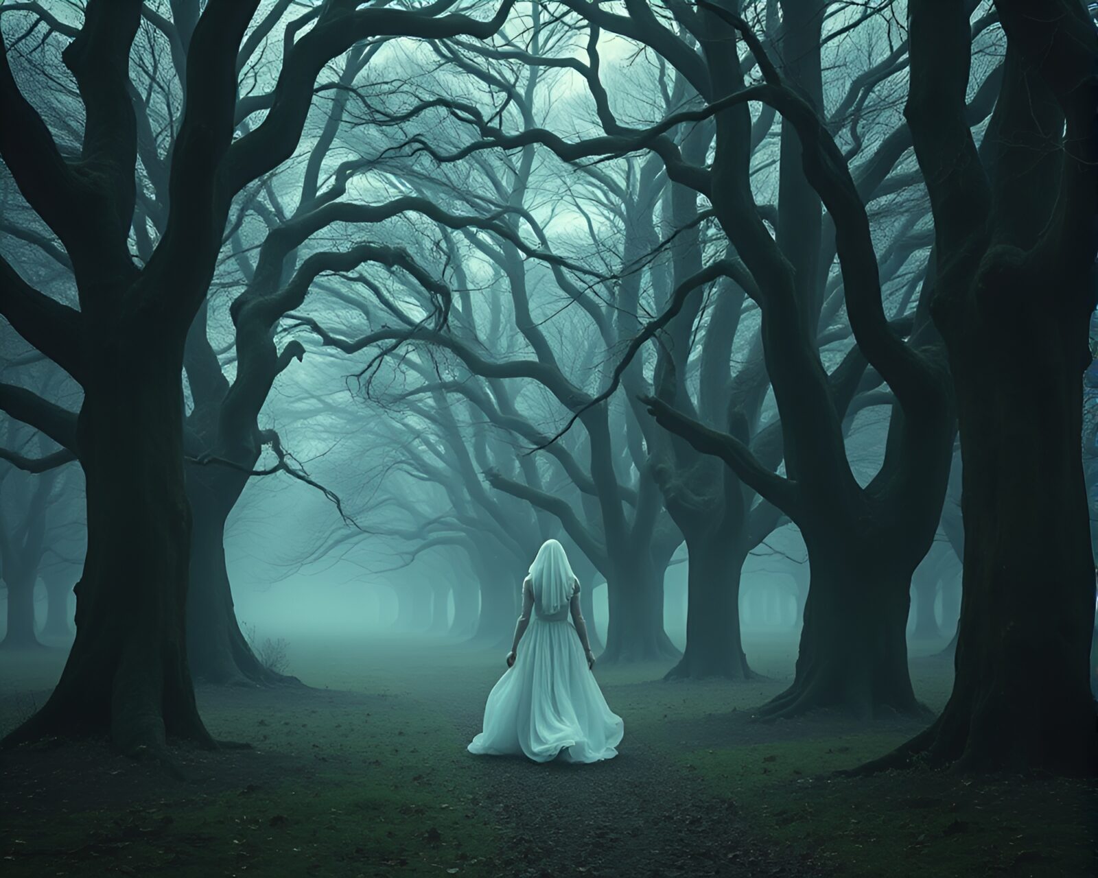Ethereal ghostly figure with flowing wispy dress in spectral forest
