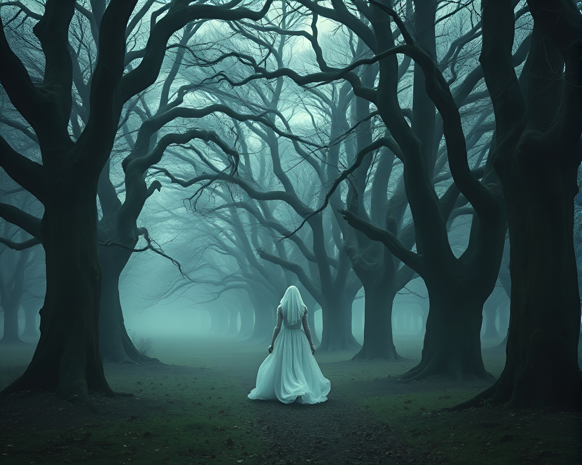 Ghostly Figure in Haunting Fashion Wanders Through Oak Forest – free AI stock image