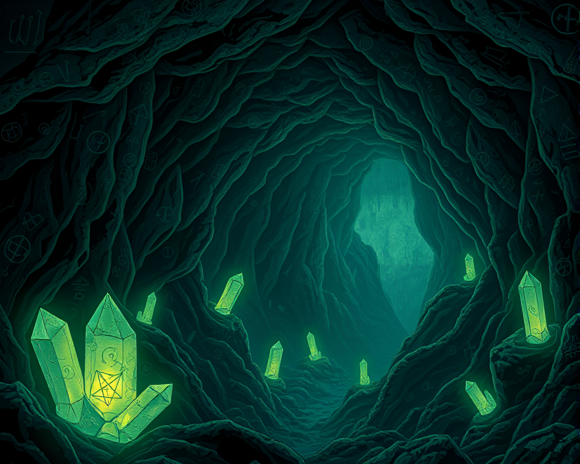 Mysterious Ancient Symbols Illuminated in Crystal Cave – free AI stock image