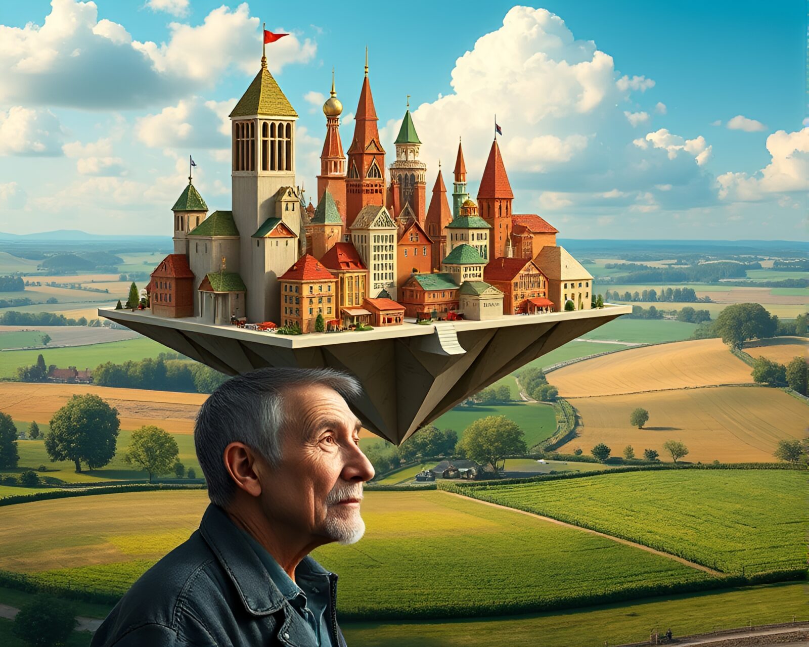 Floating origami city against serene pastoral backdrop with resident