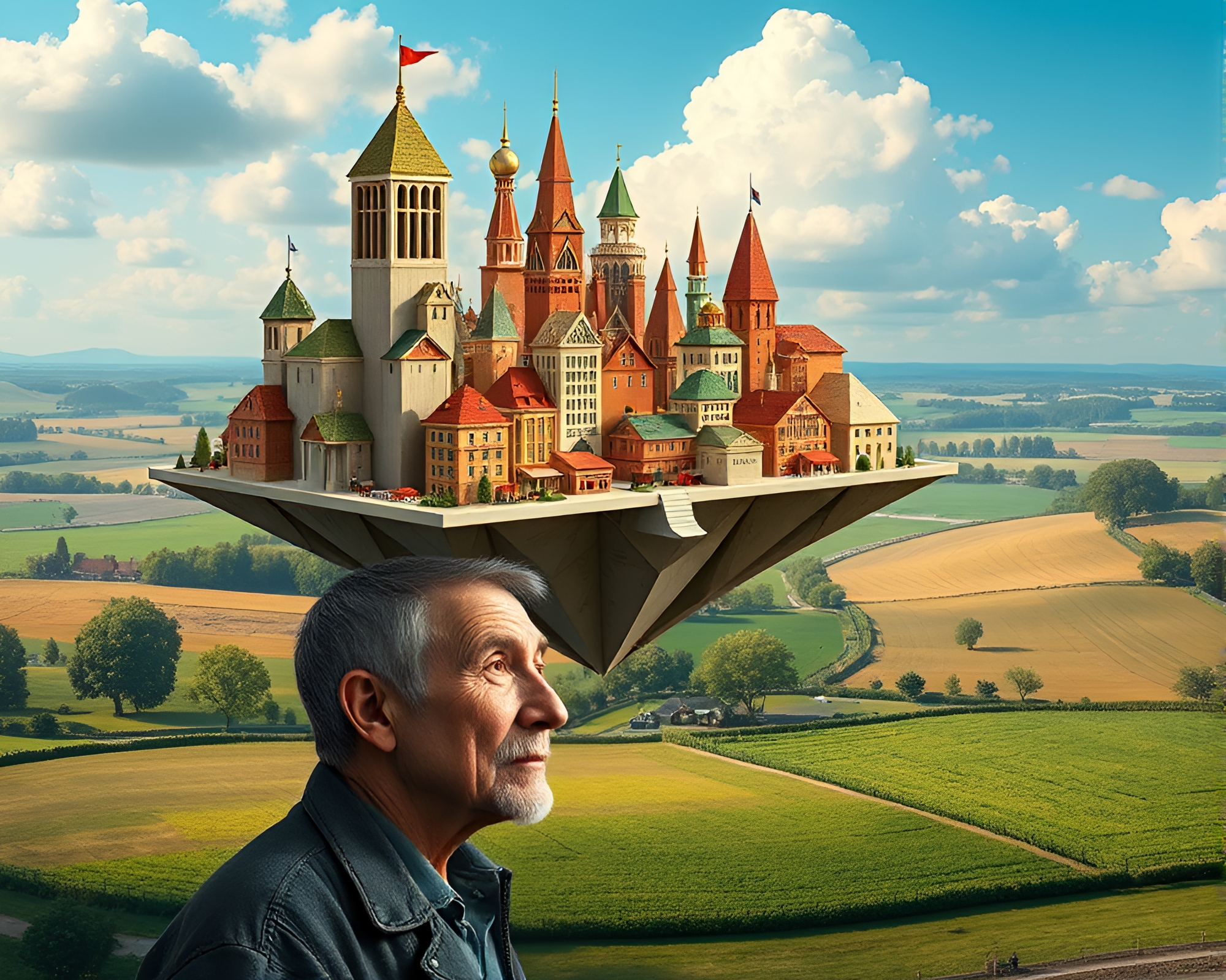 Surreal Origami City With Detailed Portrait in Foreground – free AI stock image