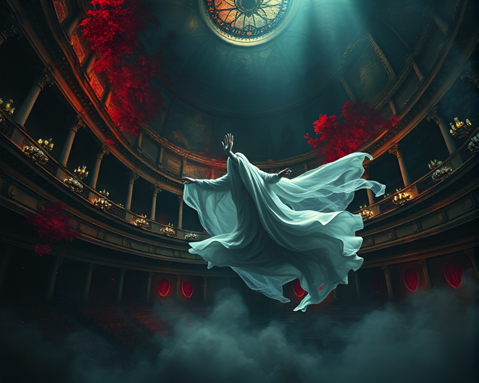 Ghostly figure floating in abstract art-filled opera house
