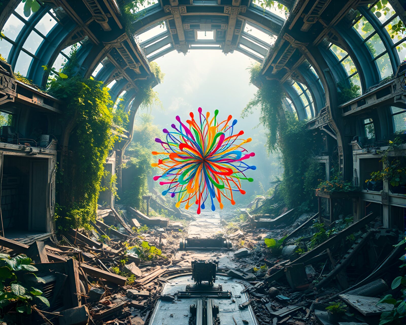 Colorful kinetic sculpture floating in abandoned space station wreckage