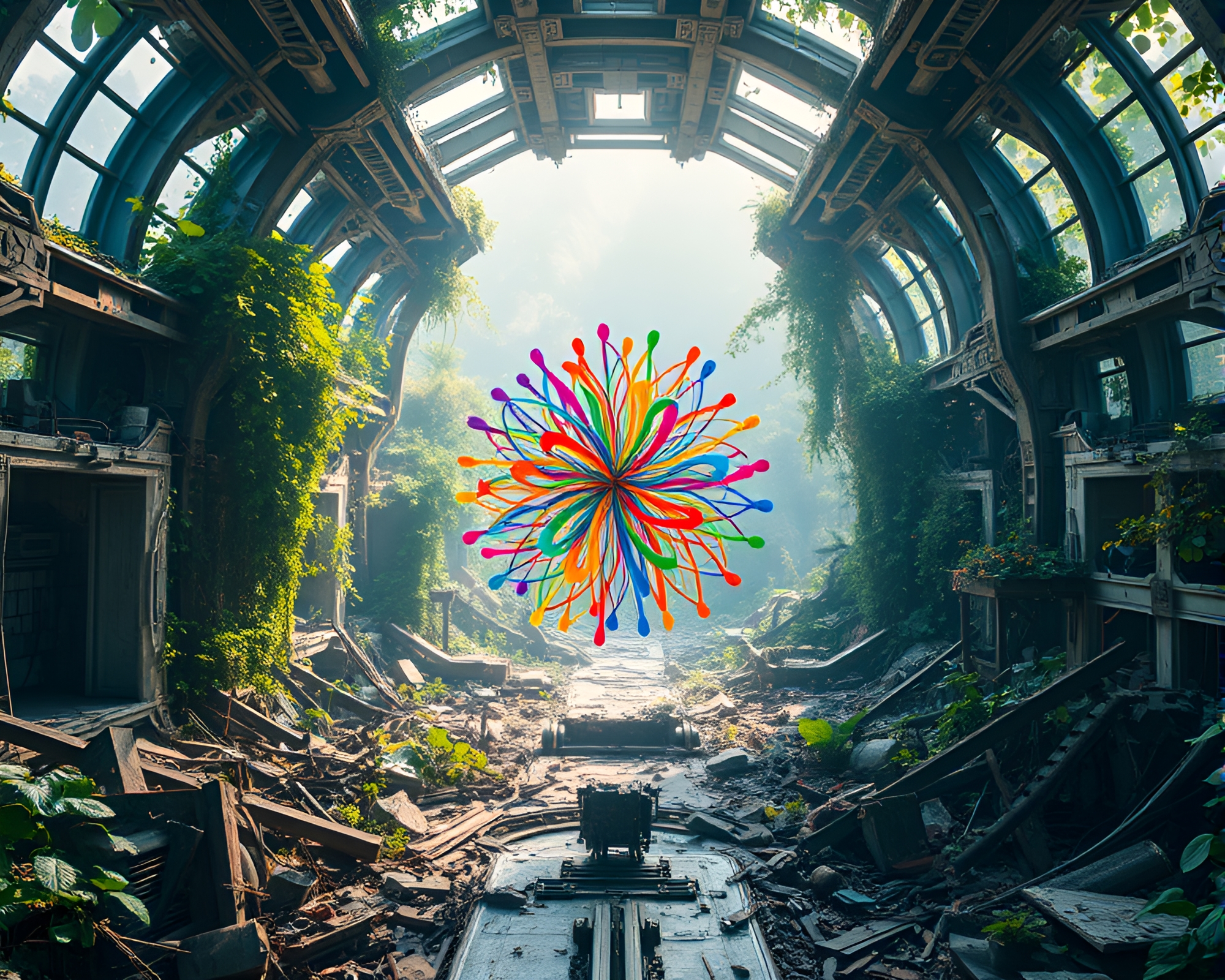 Nature Reclaimed: Abandoned Space Station Kinetic Sculpture – free AI stock image