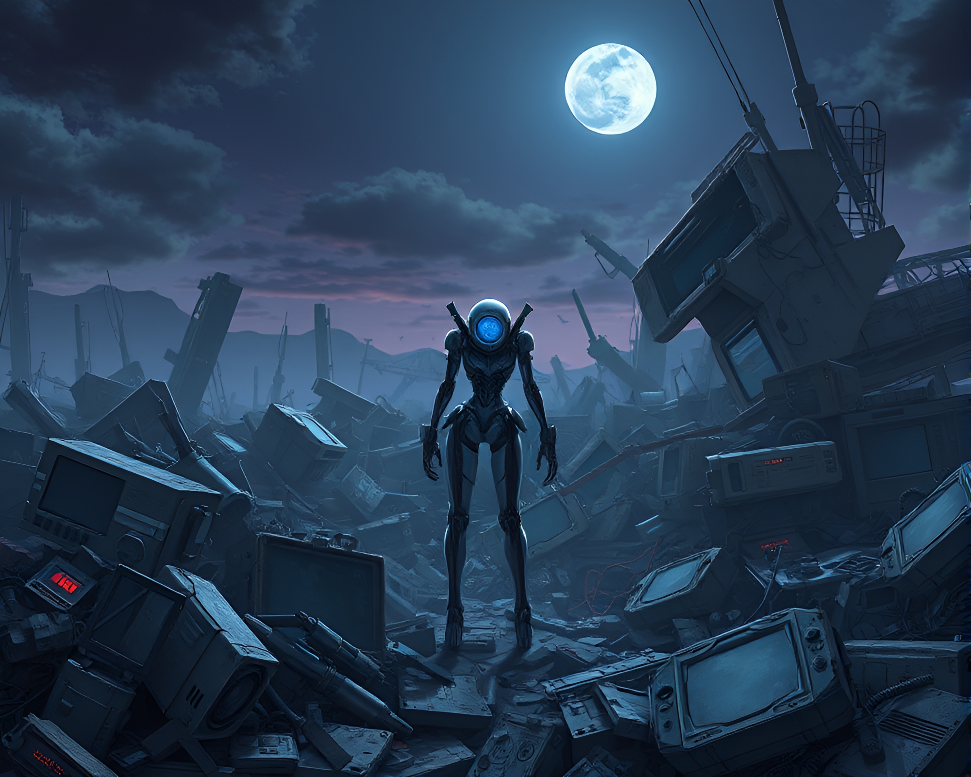 Ethereal Anime Android Amidst Ruined Junkyard Moonlight – free AI stock image