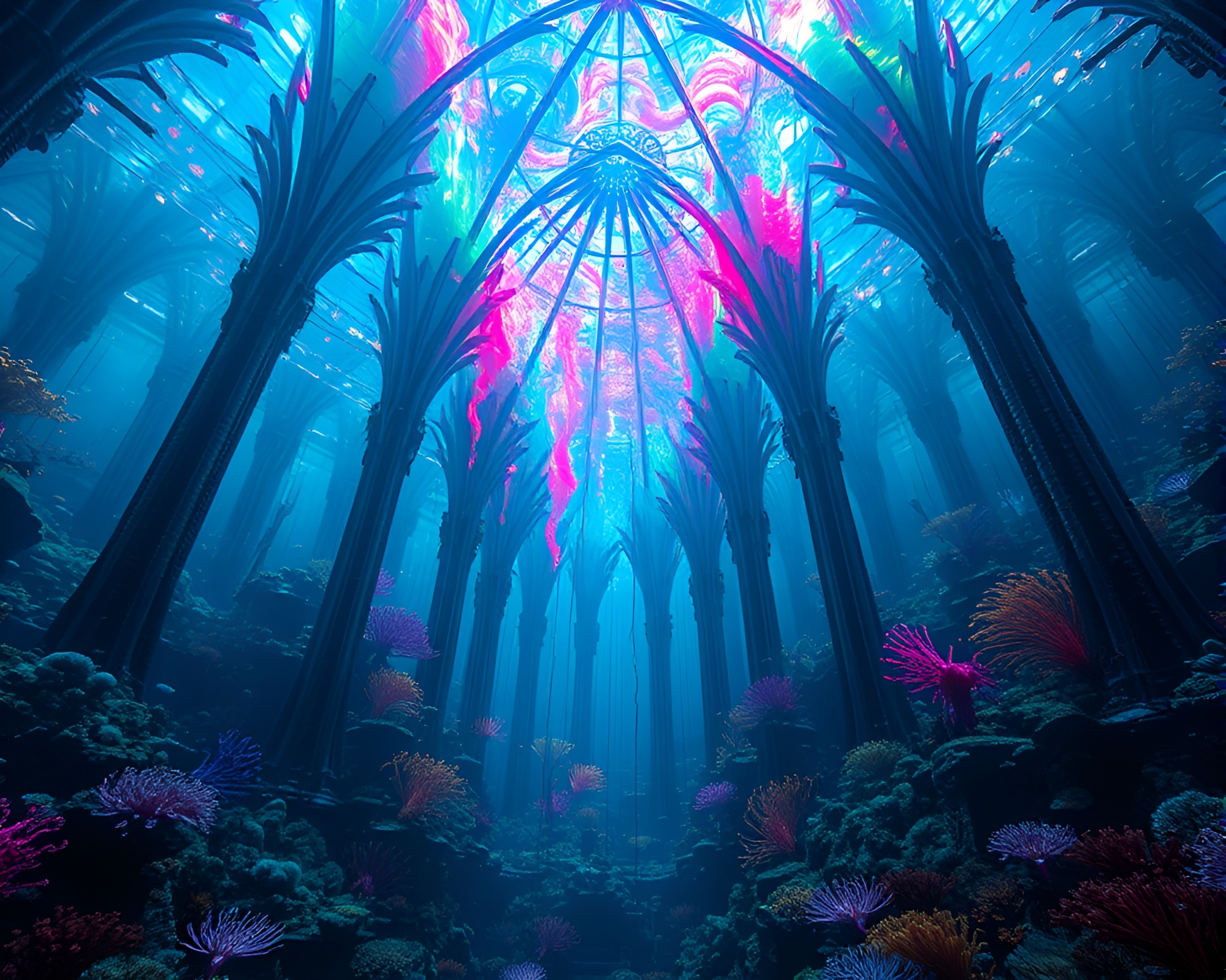 Surreal Underwater Cathedral: Kinetic Energy and Vibrant Colors – free AI stock image