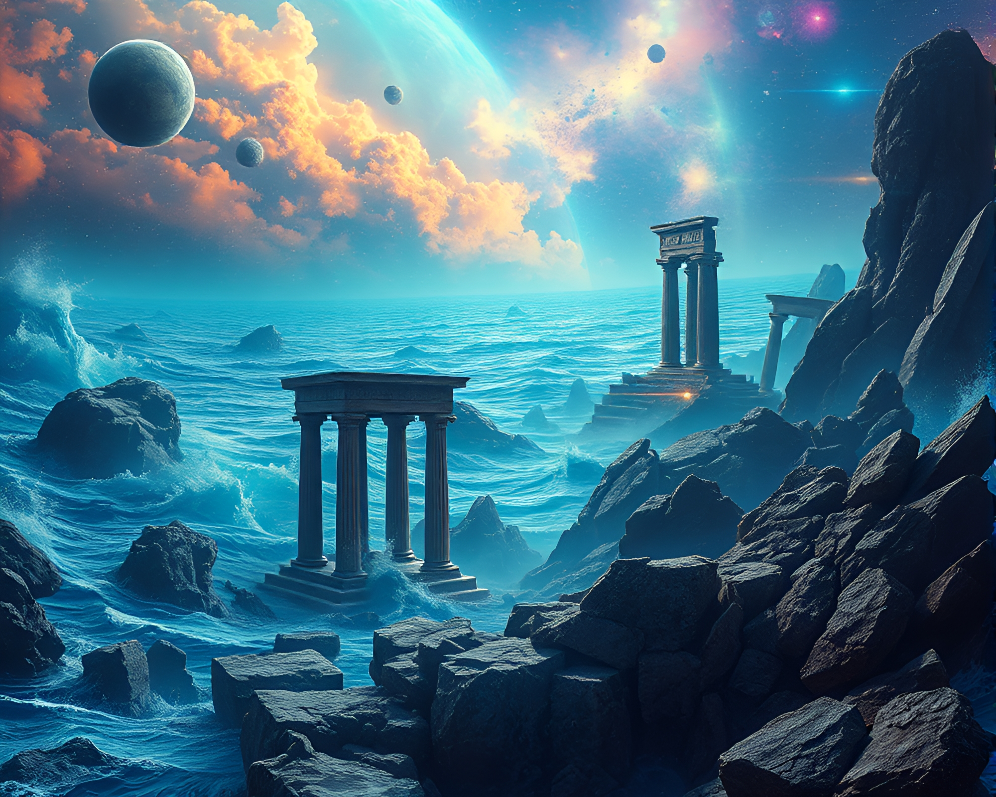 Surreal Cosmic Ocean with Ancient Ruins Scattered Throughout – free AI stock image