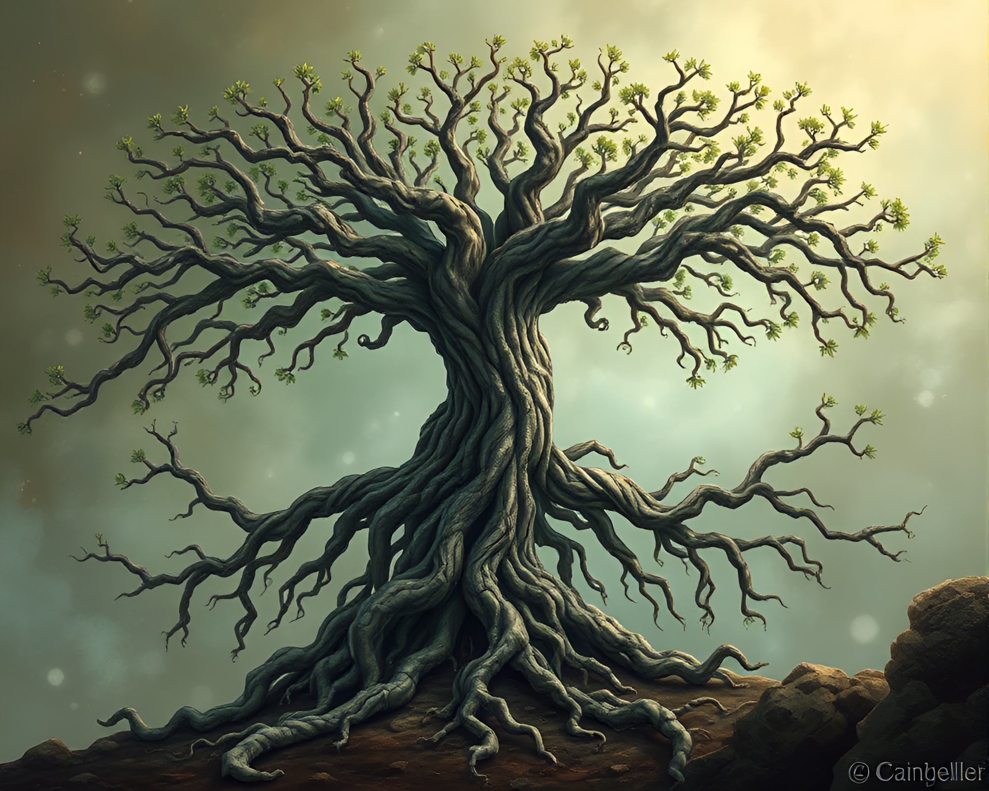 Mystical Ancient Tree with Floating Roots Network – free AI stock image