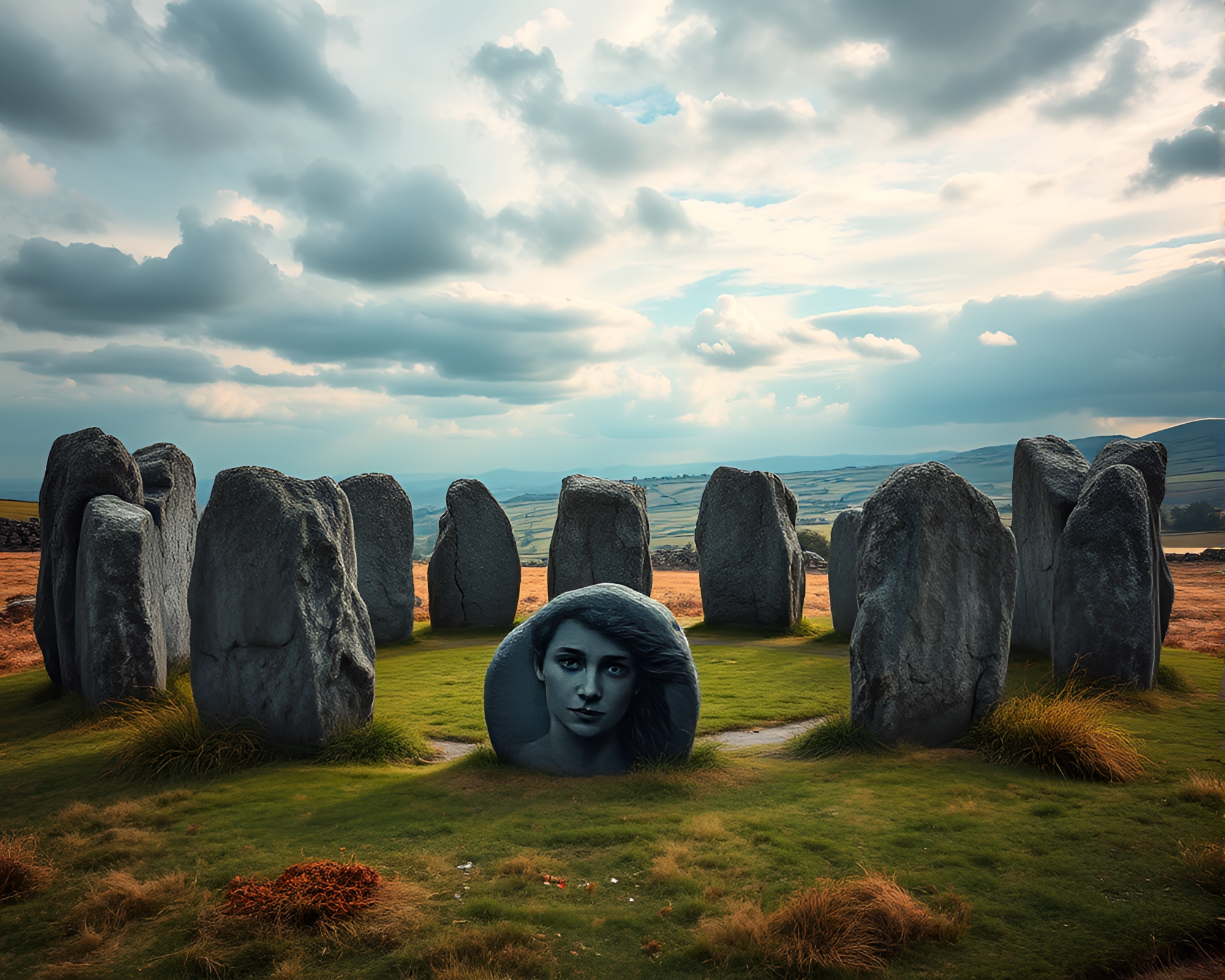 Mystical Druidic Stone Circle Overlooking Serene Landscape – free AI stock image