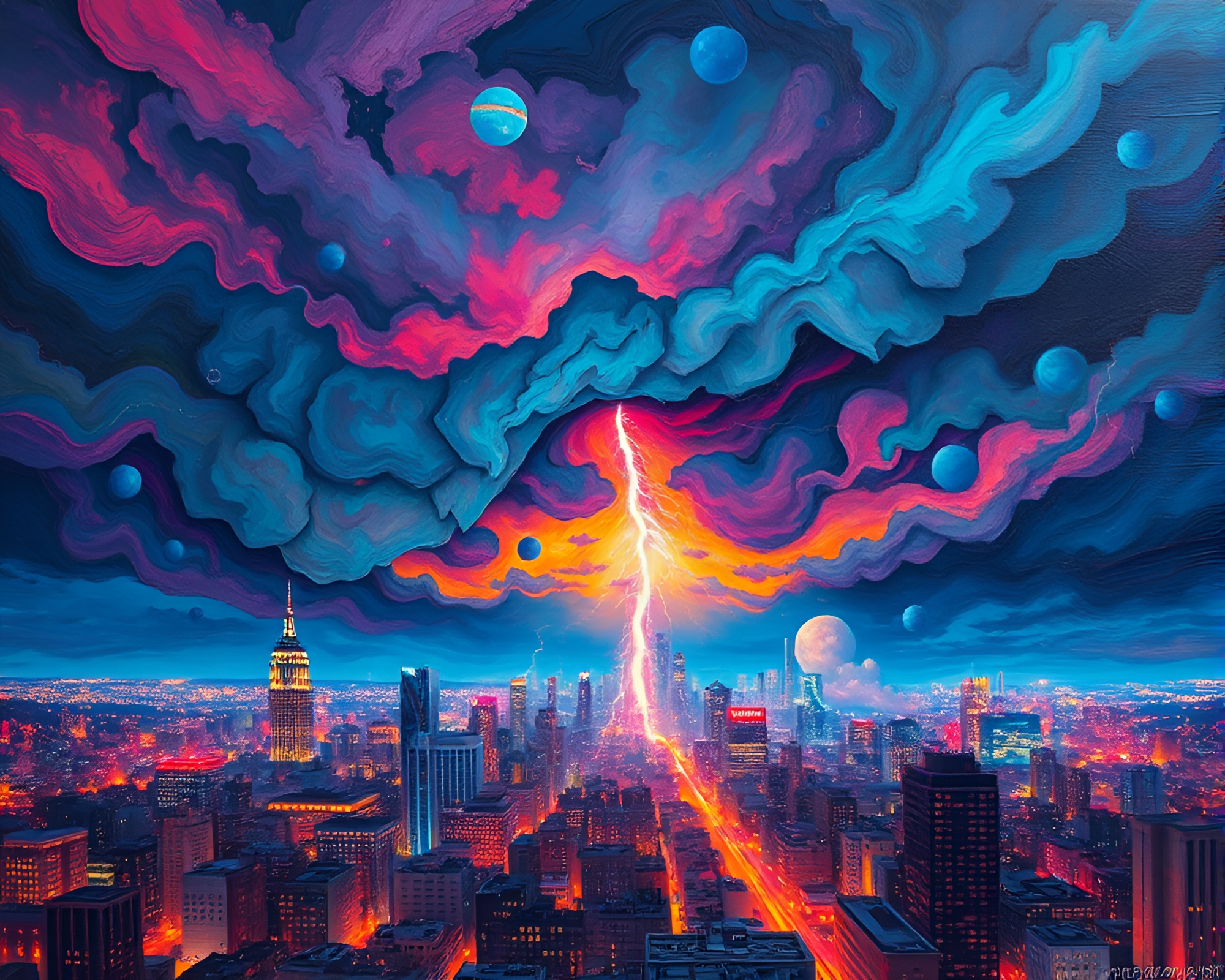Intoxicating Cityscape Engulfed in Vibrant Electric Storm – free AI stock image