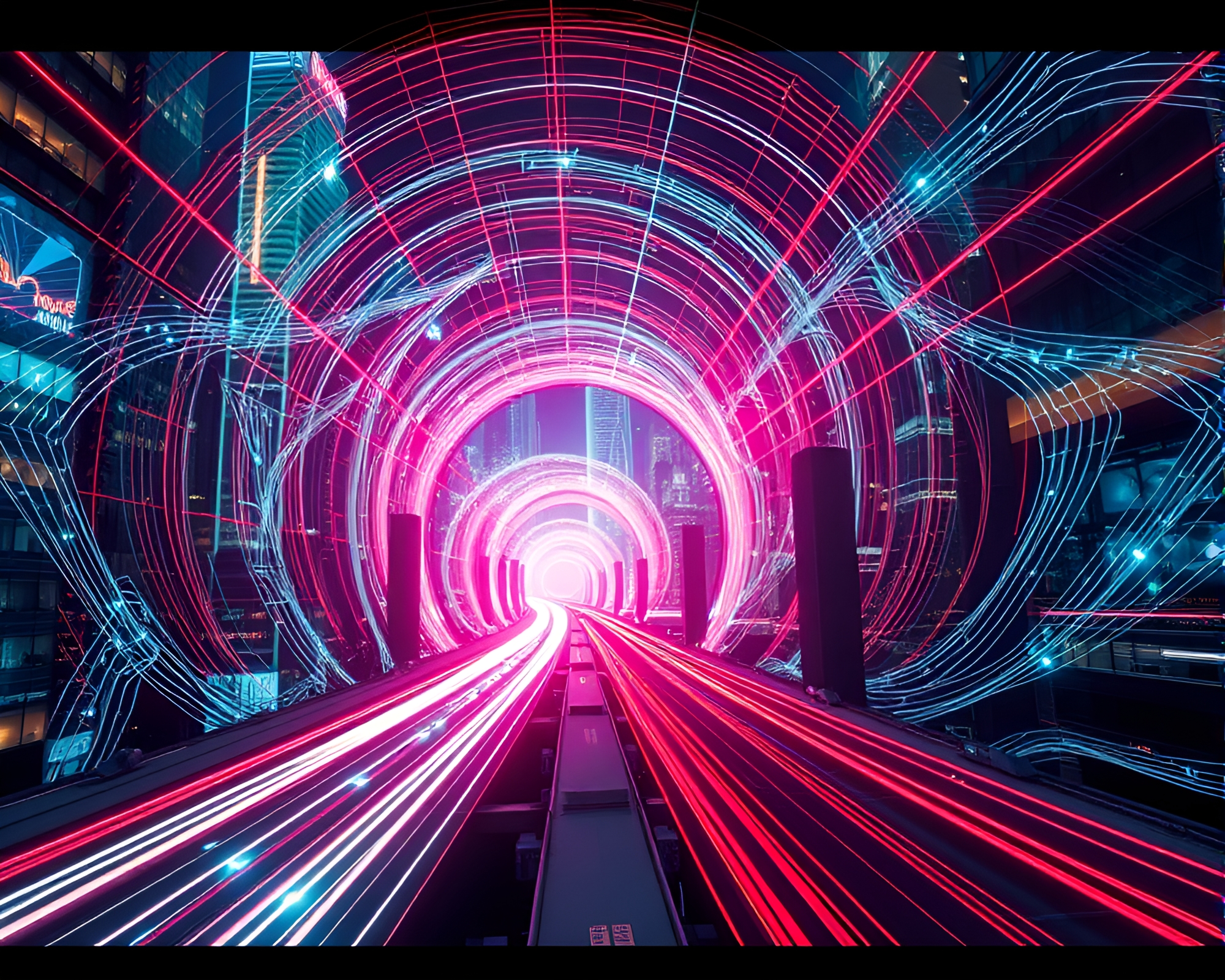 Futuristic Cityscape Kinetic Light Tunnel Illuminates Vibrant Colors – free AI stock image
