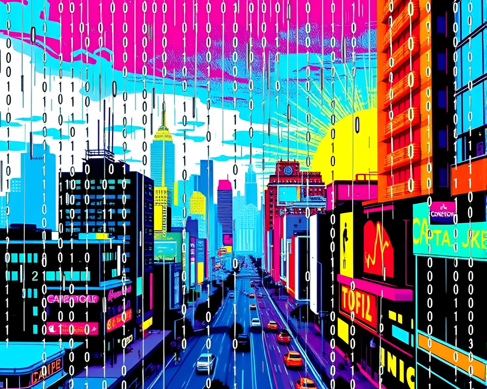 Colorful cityscape with binary code rain creating futuristic atmosphere
