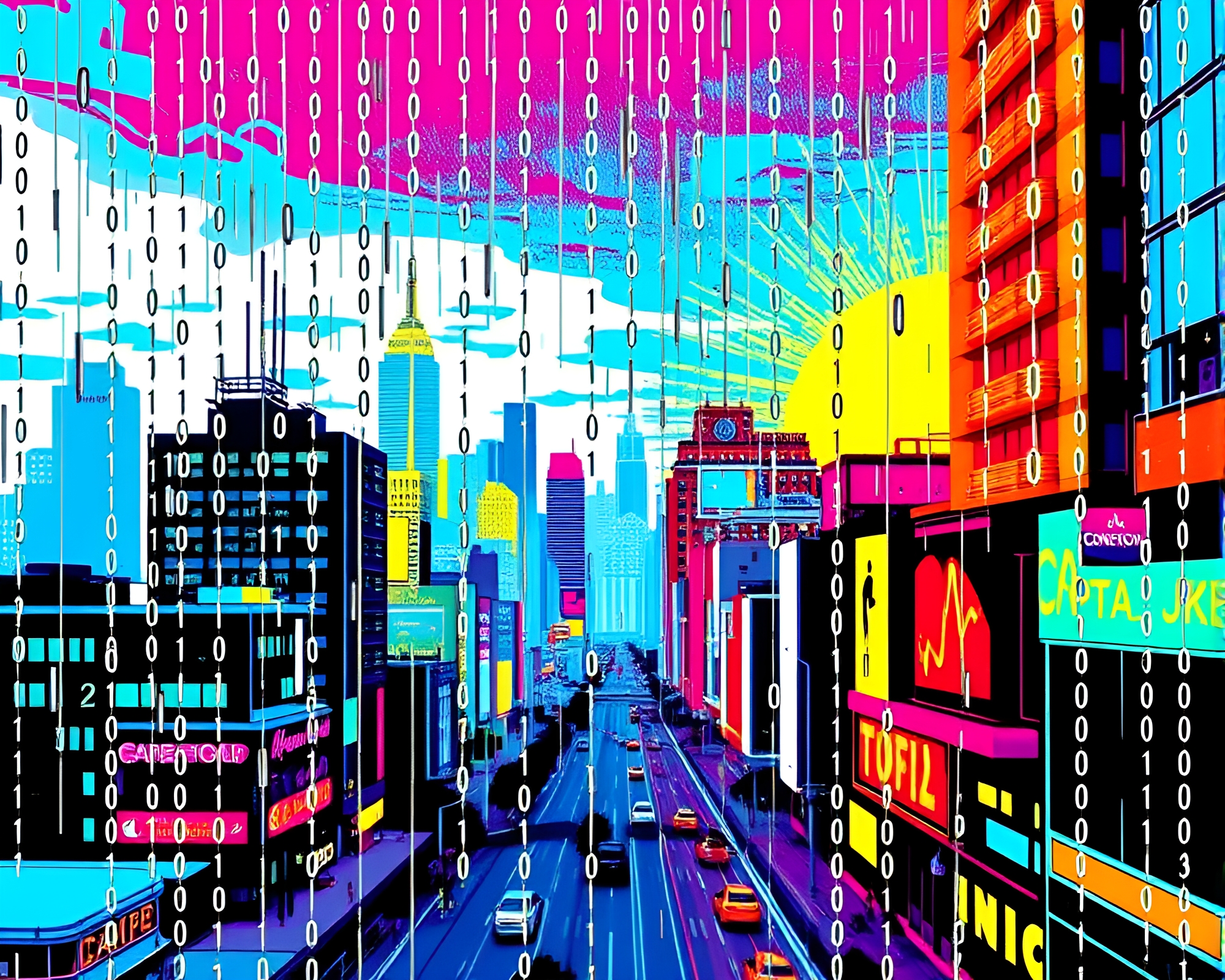 Vibrant Pop Art Cityscape with Binary Code Rain – free AI stock image