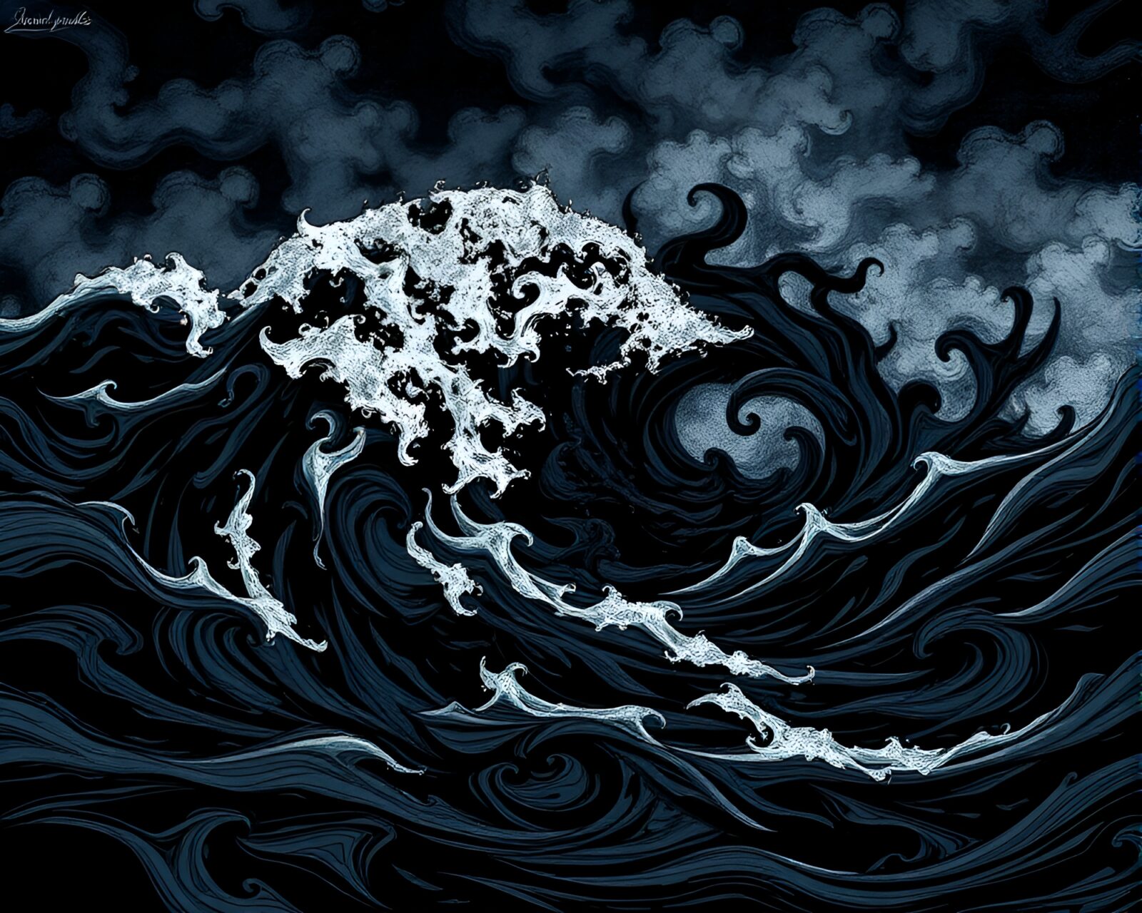 Intricate design of an oppressive, mesmerizing ocean of swirling ink