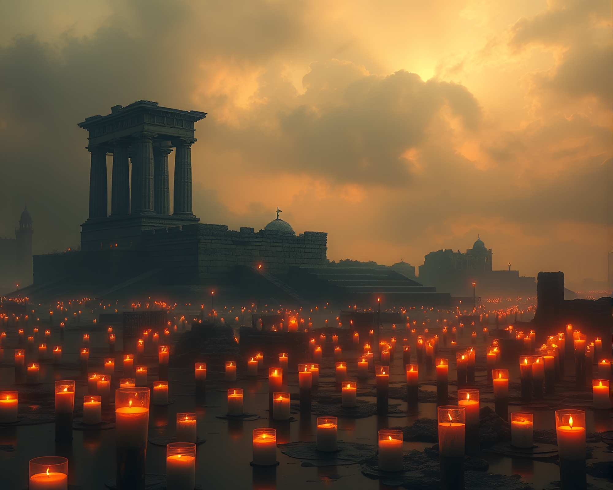 Mysterious Citadel Alight with Floating Candles – free AI stock image