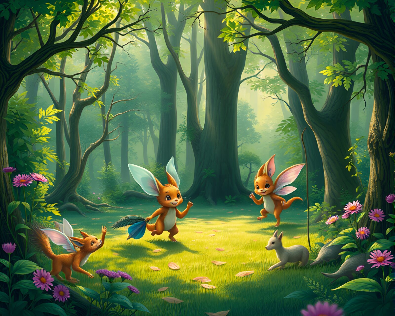 Fantastical concept art of creatures playing tag in lush green forest