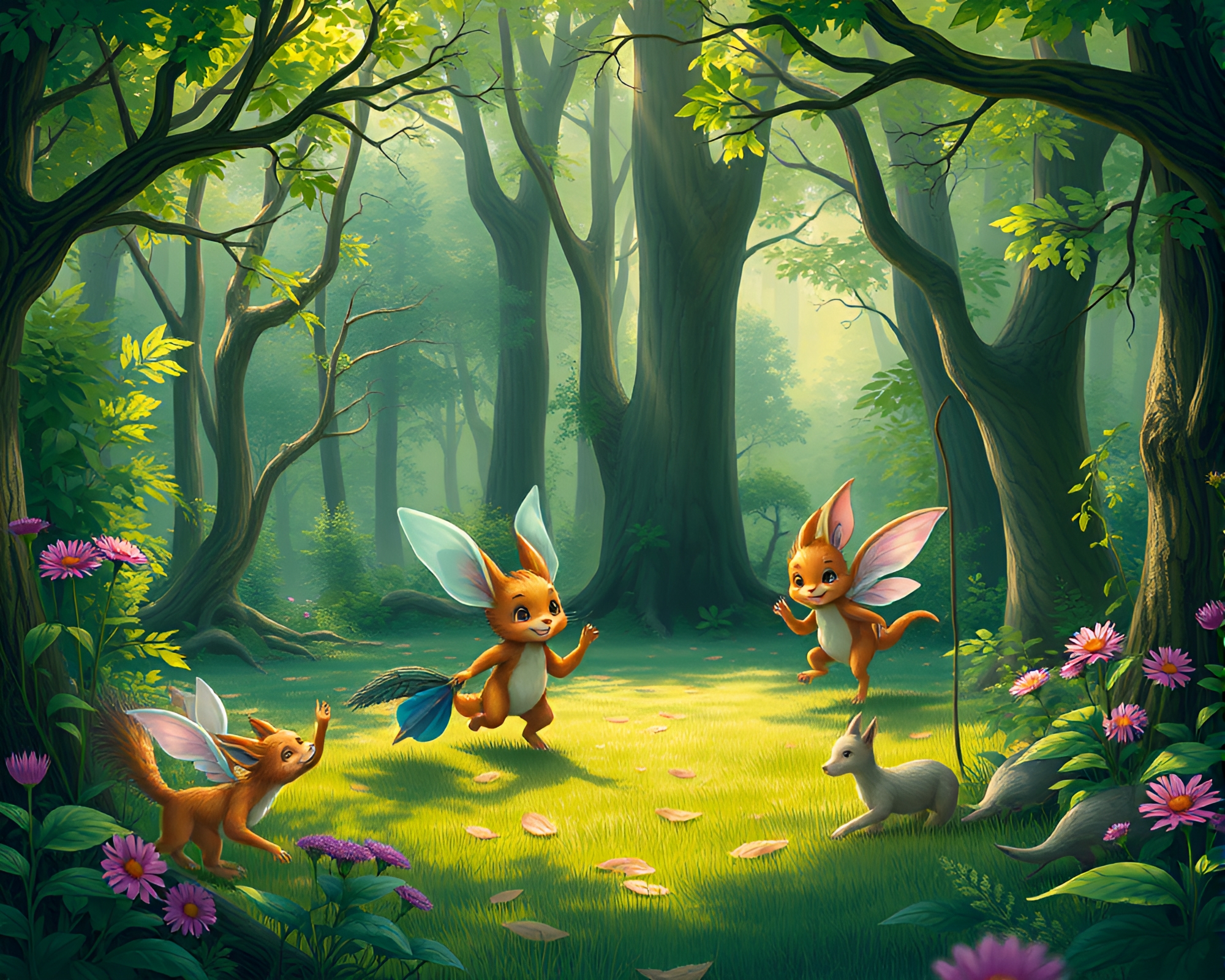 Enchanting Forest Glade with Whimsical Creatures Playfully Tagging – free AI stock image